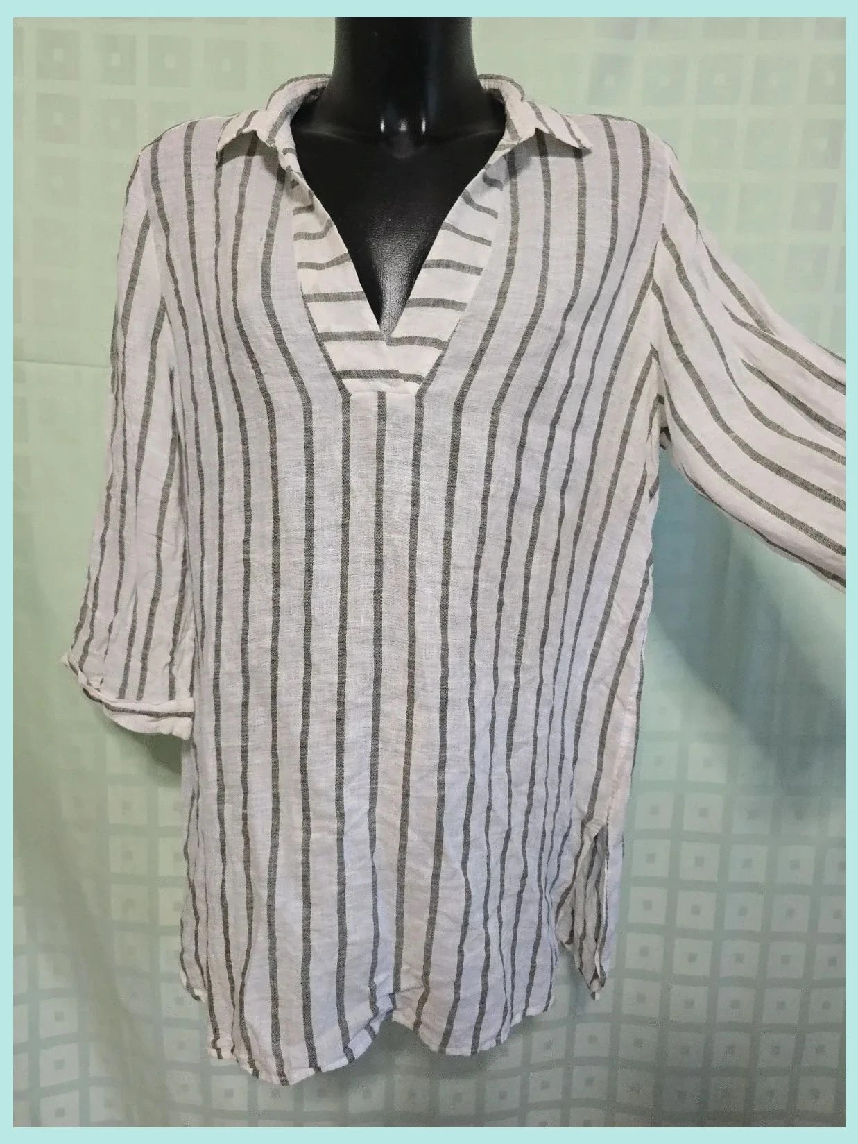 White & Gray Striped 100% Linen Tunic Top – El Corte Inglés – taille L / 40 / 12 2