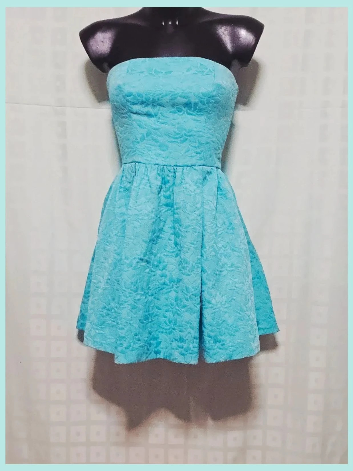 Turquoise Brocade Strapless Fit Flare Dress