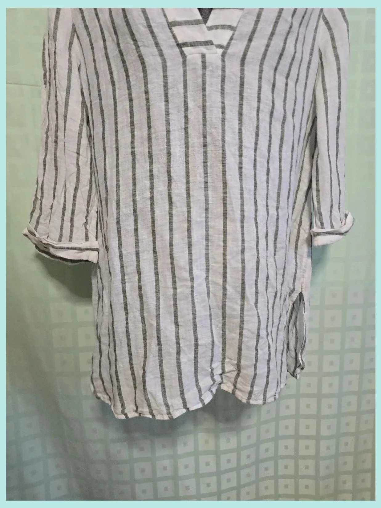White & Gray Striped 100% Linen Tunic Top – El Corte Inglés – taille L / 40 / 12 4