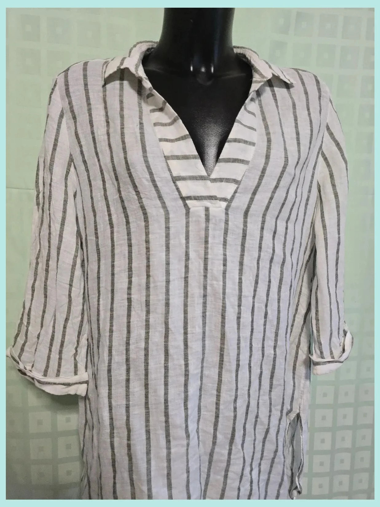 White & Gray Striped 100% Linen Tunic Top – El Corte Inglés – taille L / 40 / 12 3