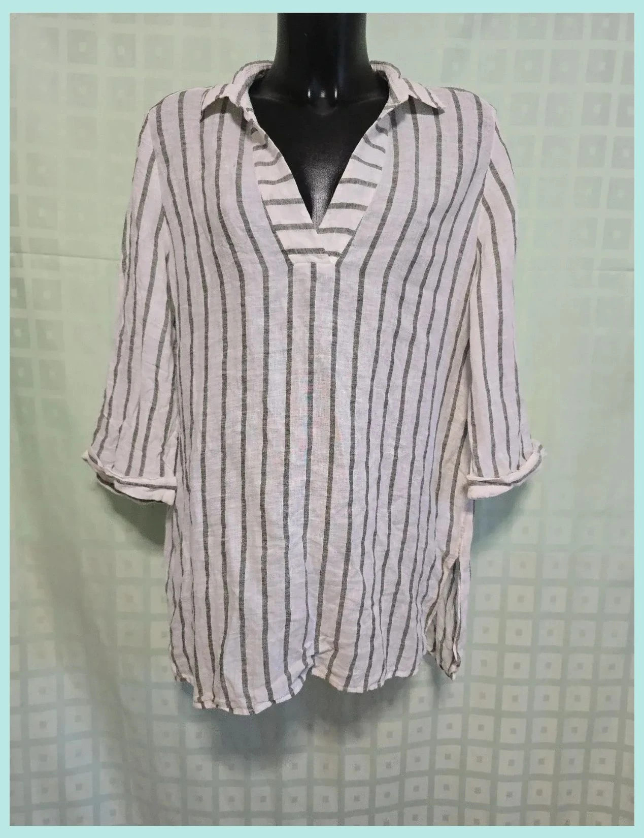 White & Gray Striped 100% Linen Tunic Top – El Corte Inglés – taille L / 40 / 12