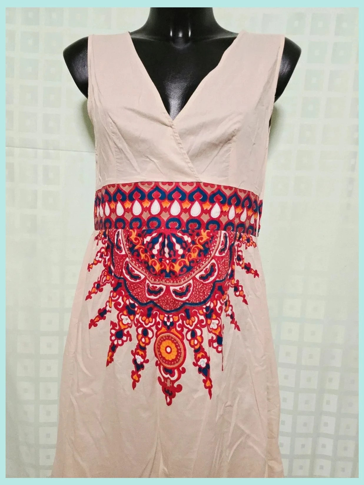 Beige Boho Medallion Print Dress 100% algodón – Fransa – taille L / 40 / 12 2