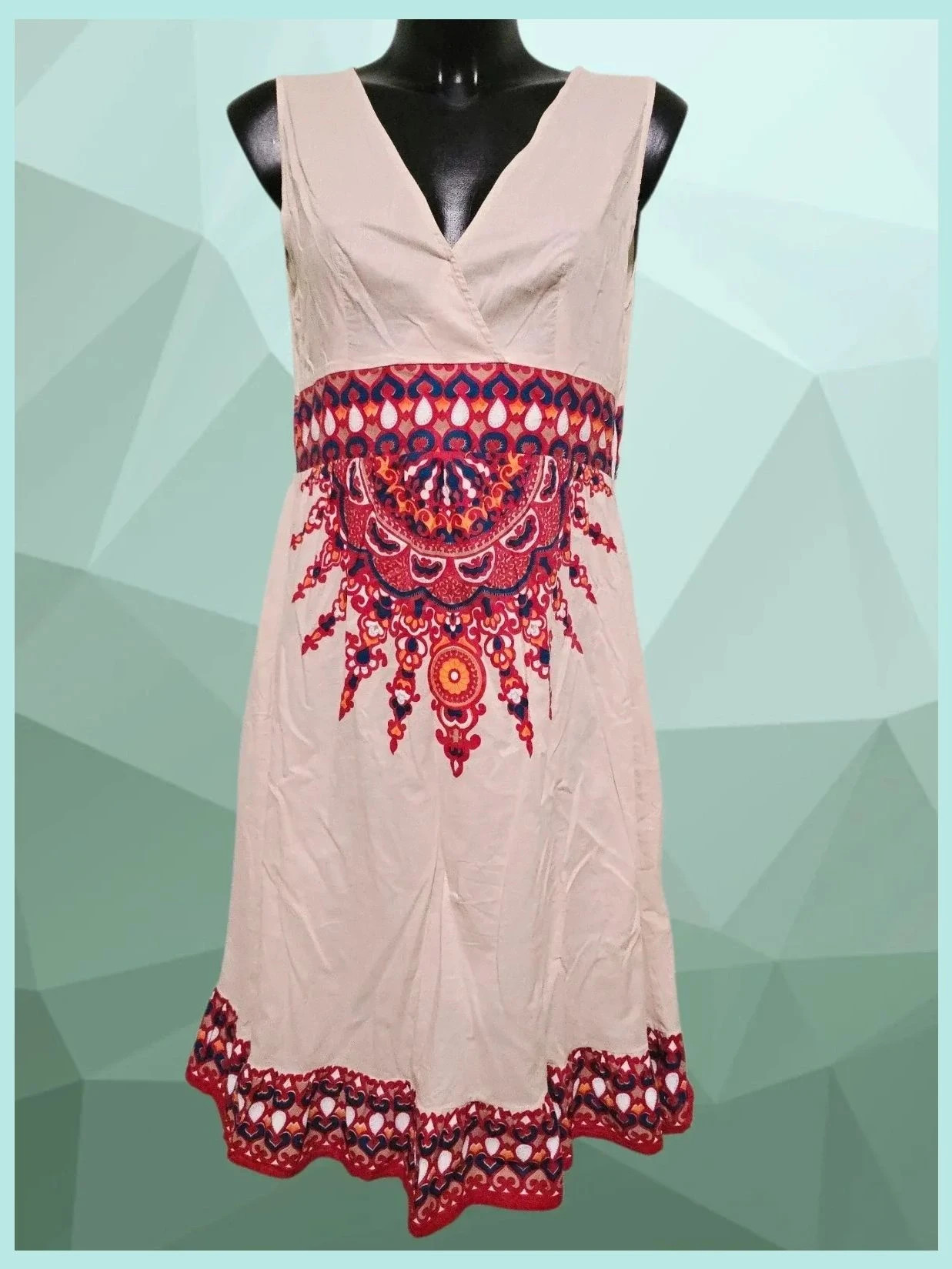 Beige Boho Medallion Print Dress 100% algodón