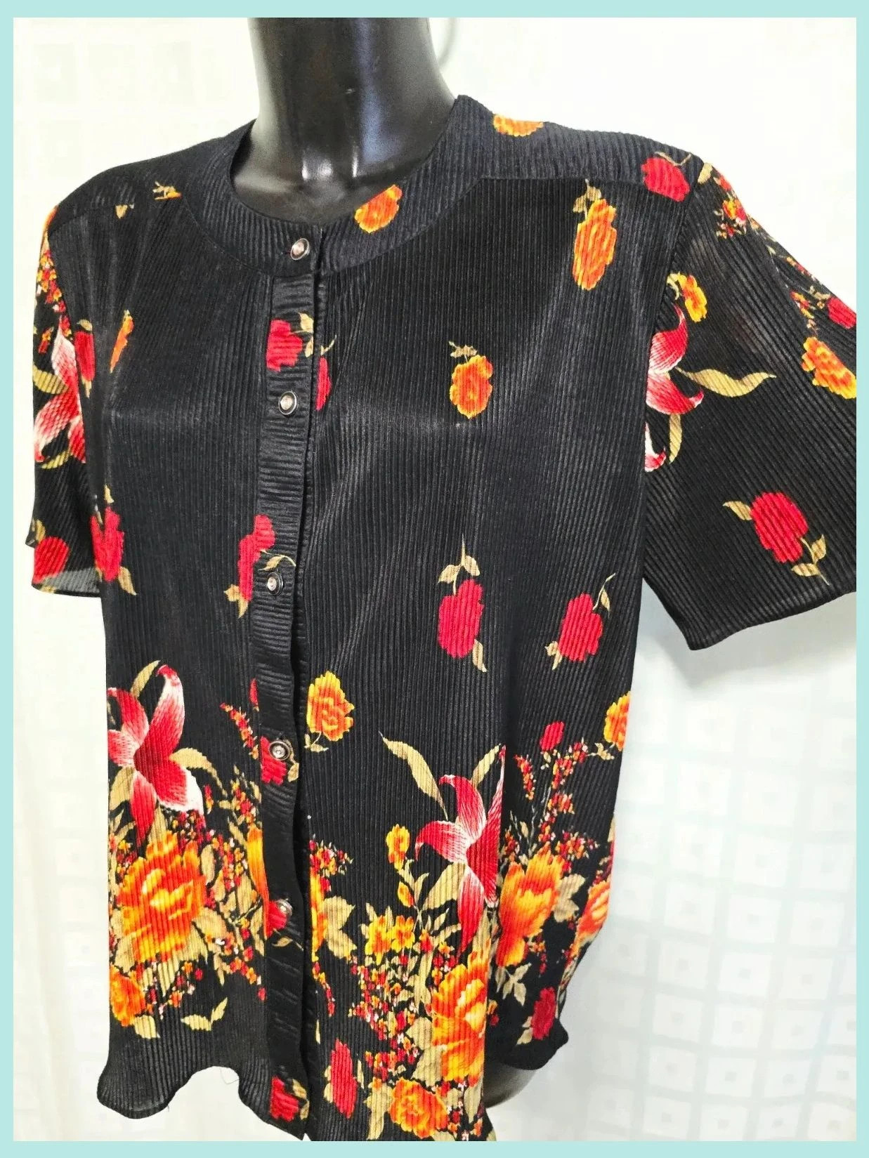 Black Pleated Floral Border Button Blouse – Vintage Dressing – taille Taille unique 4