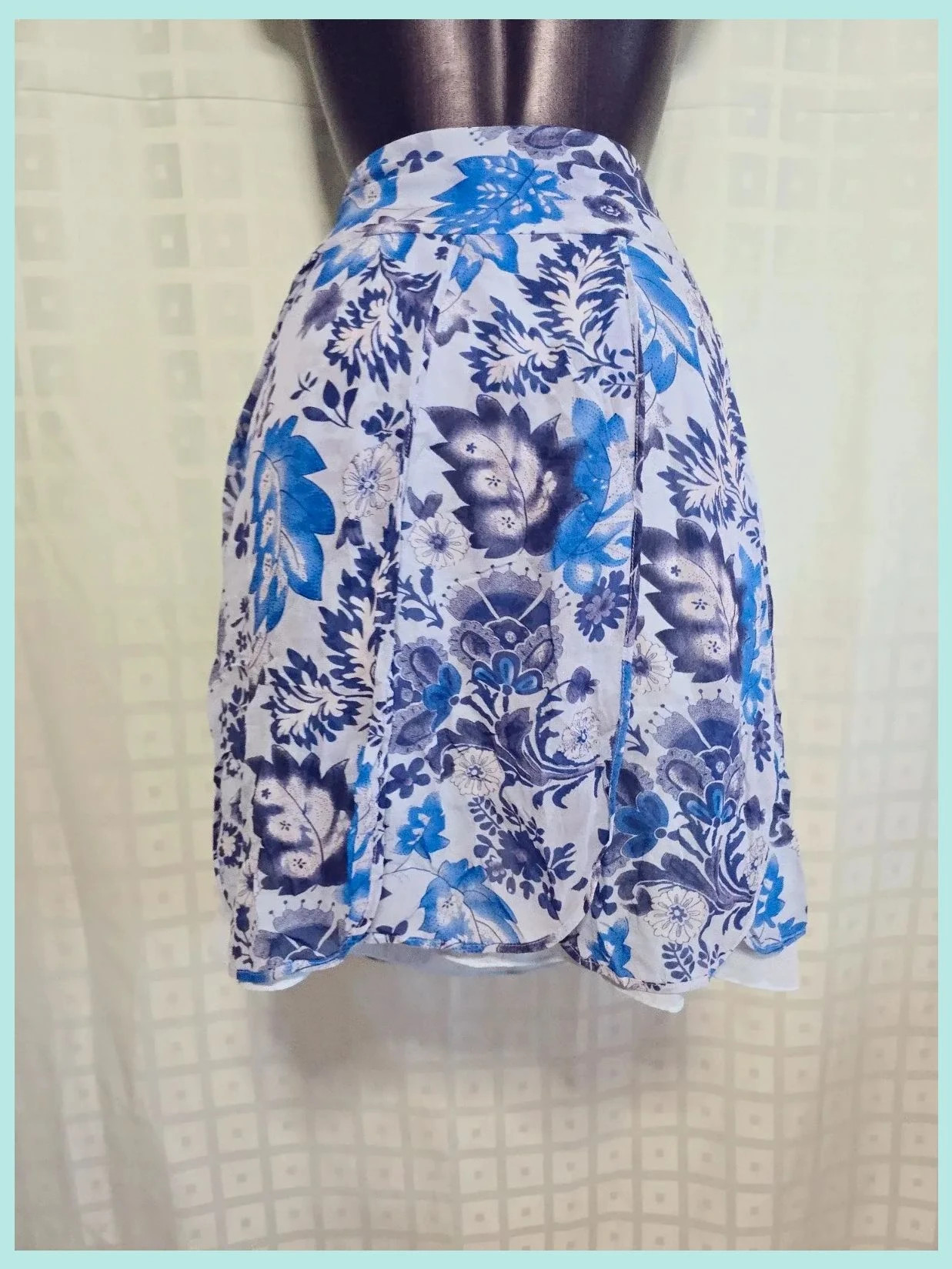 White Blue Floral Silk Look Chiffon Skirt Delft Print Pleated Boho Summer – Alain Manoukian – taille XL / 42 / 14 2