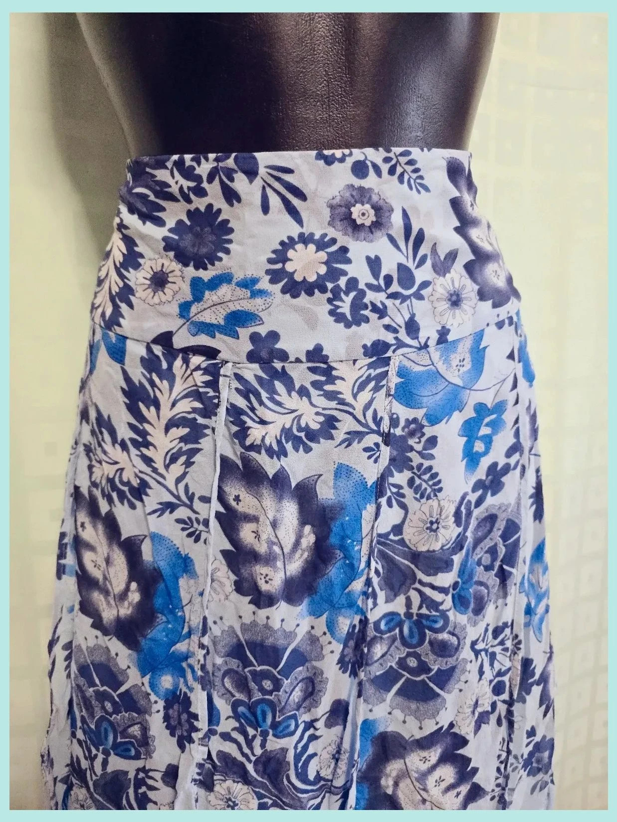 White Blue Floral Silk Look Chiffon Skirt Delft Print Pleated Boho Summer – Alain Manoukian – taille XL / 42 / 14 4