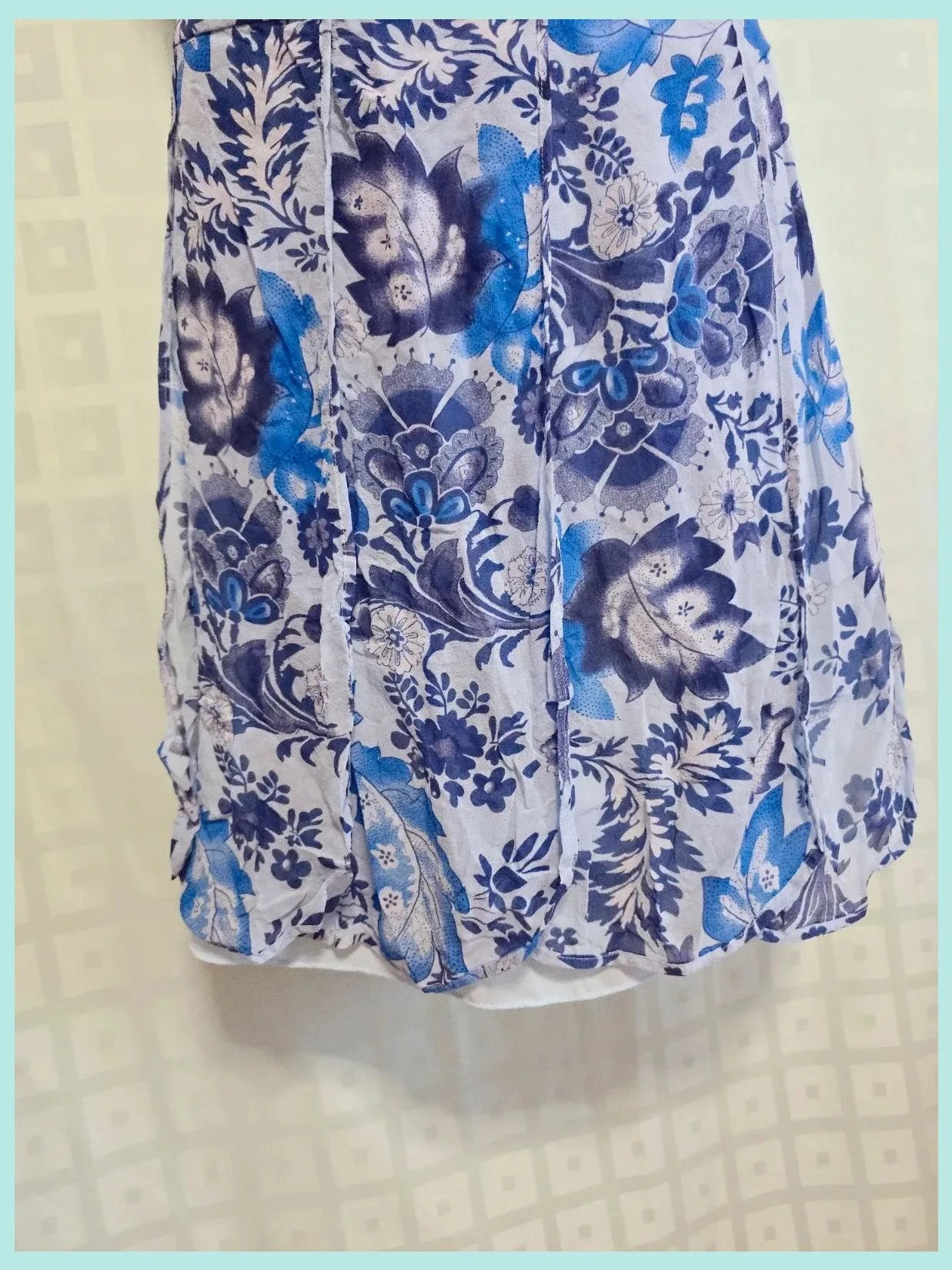 White Blue Floral Silk Look Chiffon Skirt Delft Print Pleated Boho Summer – Alain Manoukian – taille XL / 42 / 14 5