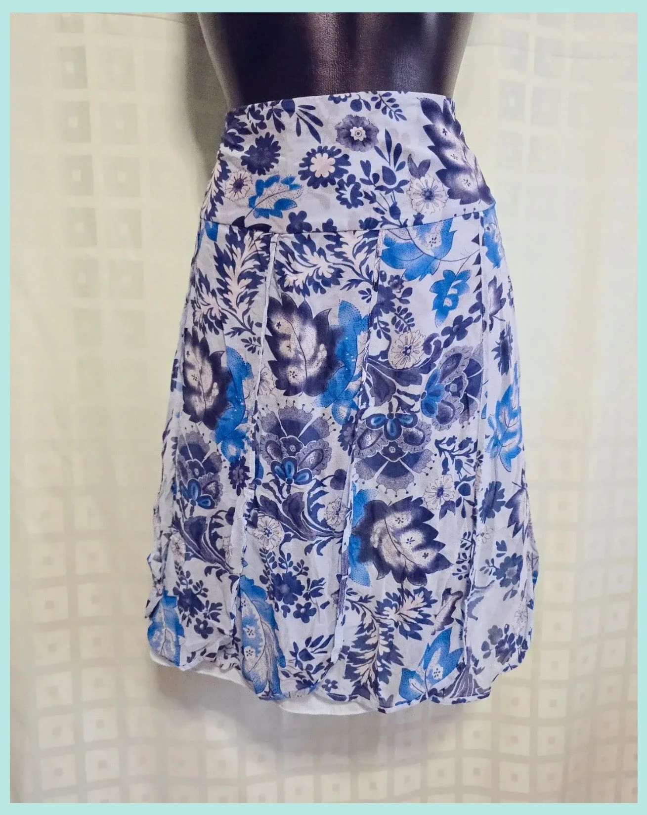 White Blue Floral Silk Look Chiffon Skirt Delft Print Pleated Boho Summer