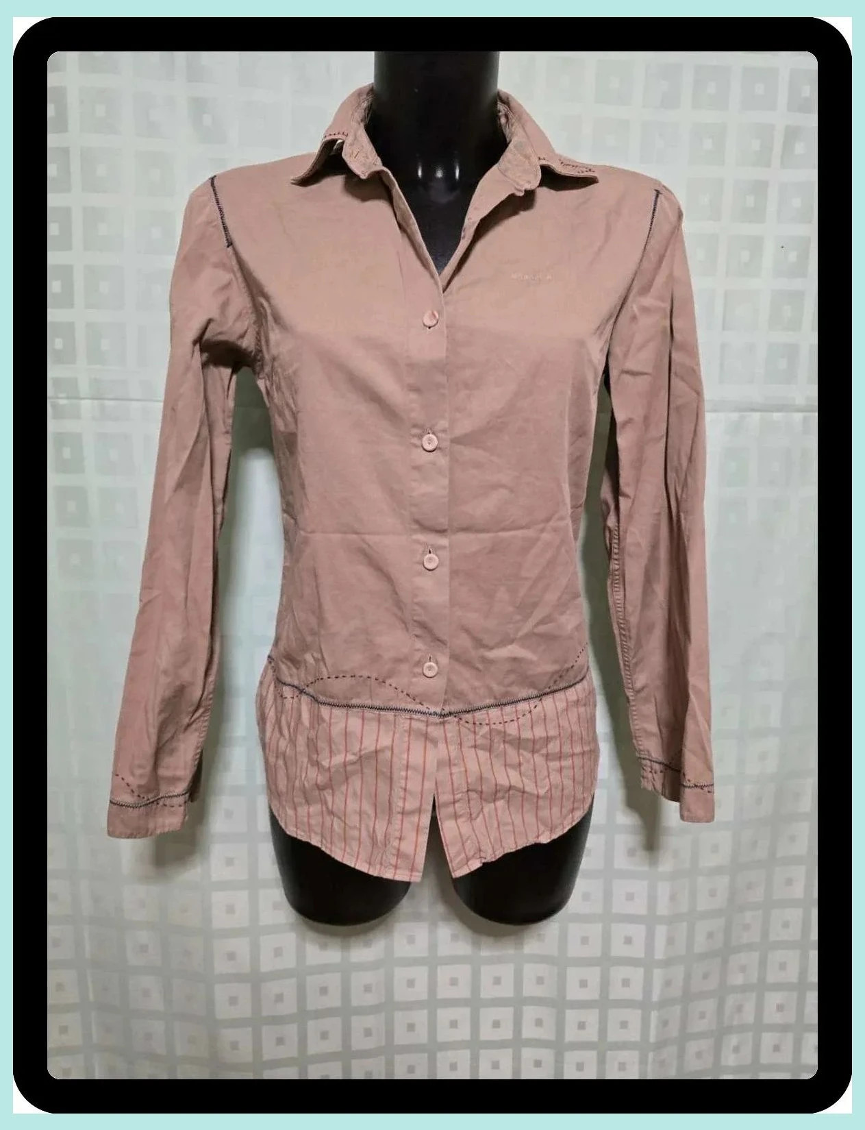 Napapijri Beige Fitted Shirt with Contrast Stitching & Striped Hem
