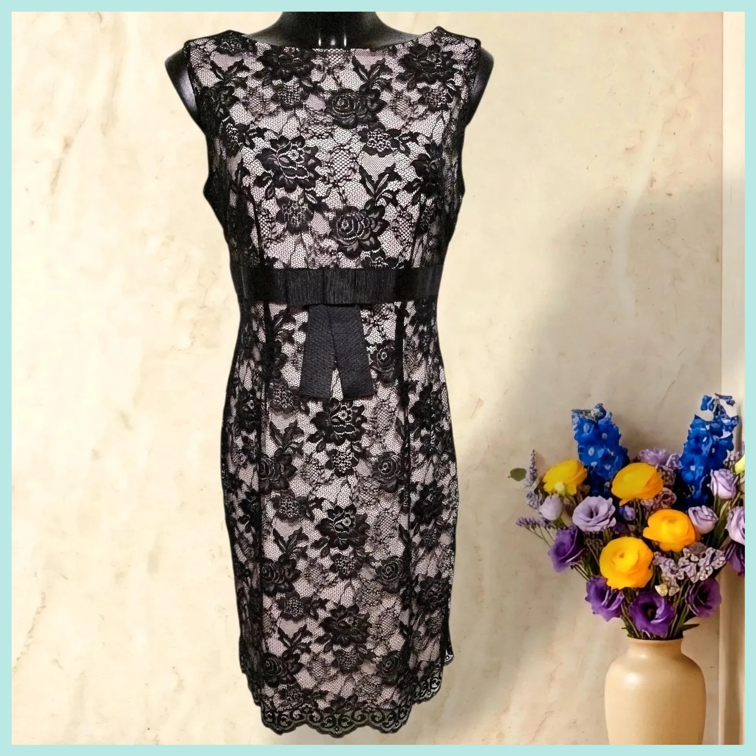 Black Lace Sheath Dress with Waist Bow Detail
