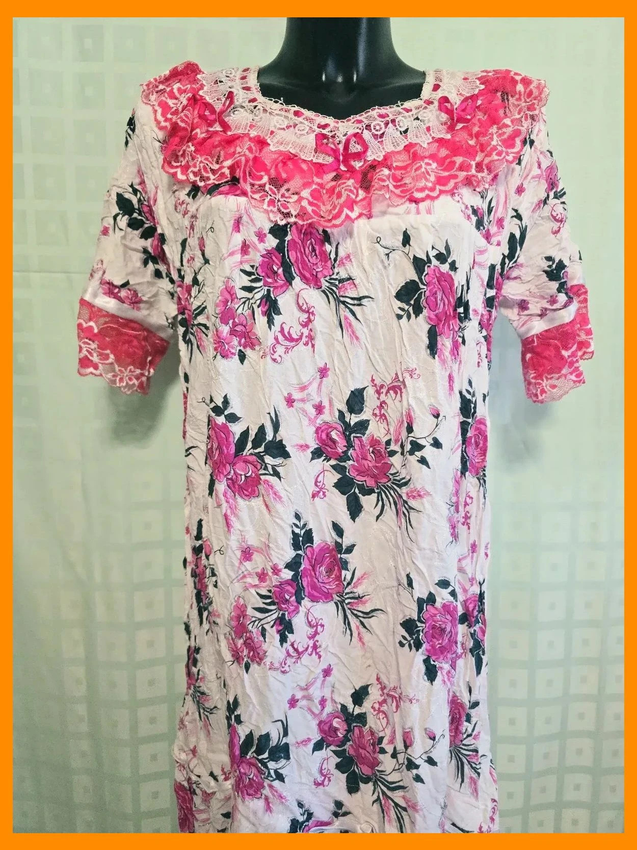 Pink Rose Print Lace Trim Dress – Vestidor Vintage – taille XXXL / 46 / 18 2