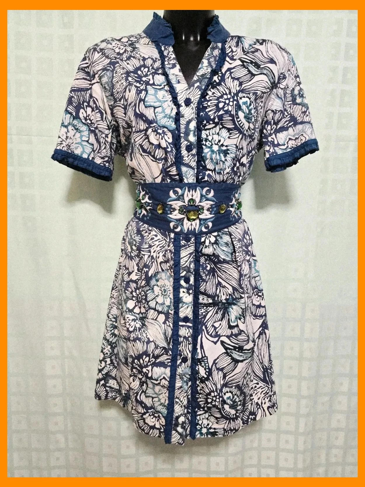 Floral Button-Up Mini Dress with Embellished Waist