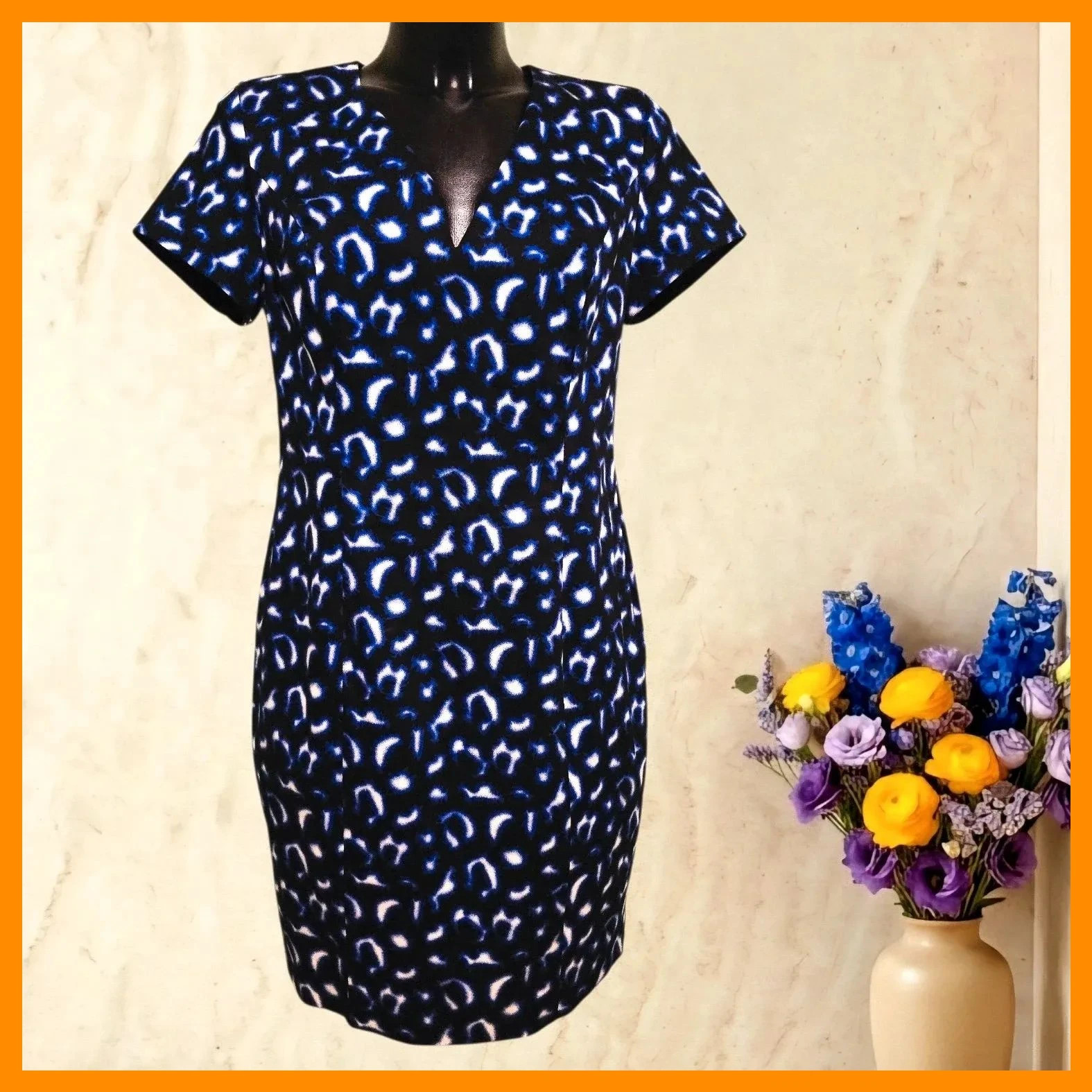 Blue Abstract Print Sheath Dress – Ashley Brooke – taille XL / 42 / 14