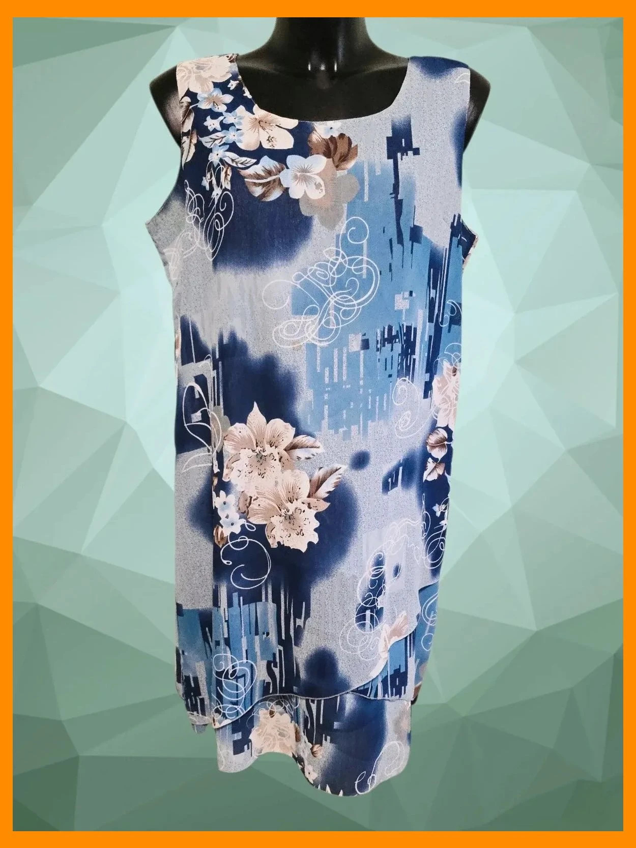 Blue Abstract Floral Sleeveless Shift Dress – Vintage Dressing – taille XXL / 44 / 16