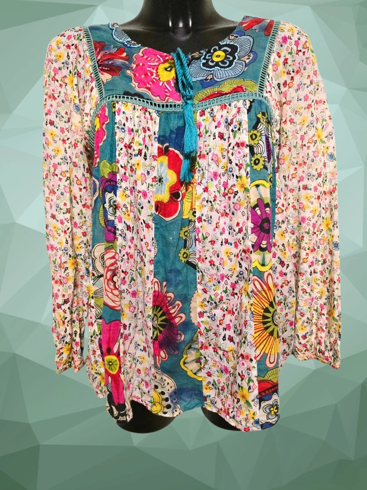 Boho Patchwork Floral Tassel Blouse