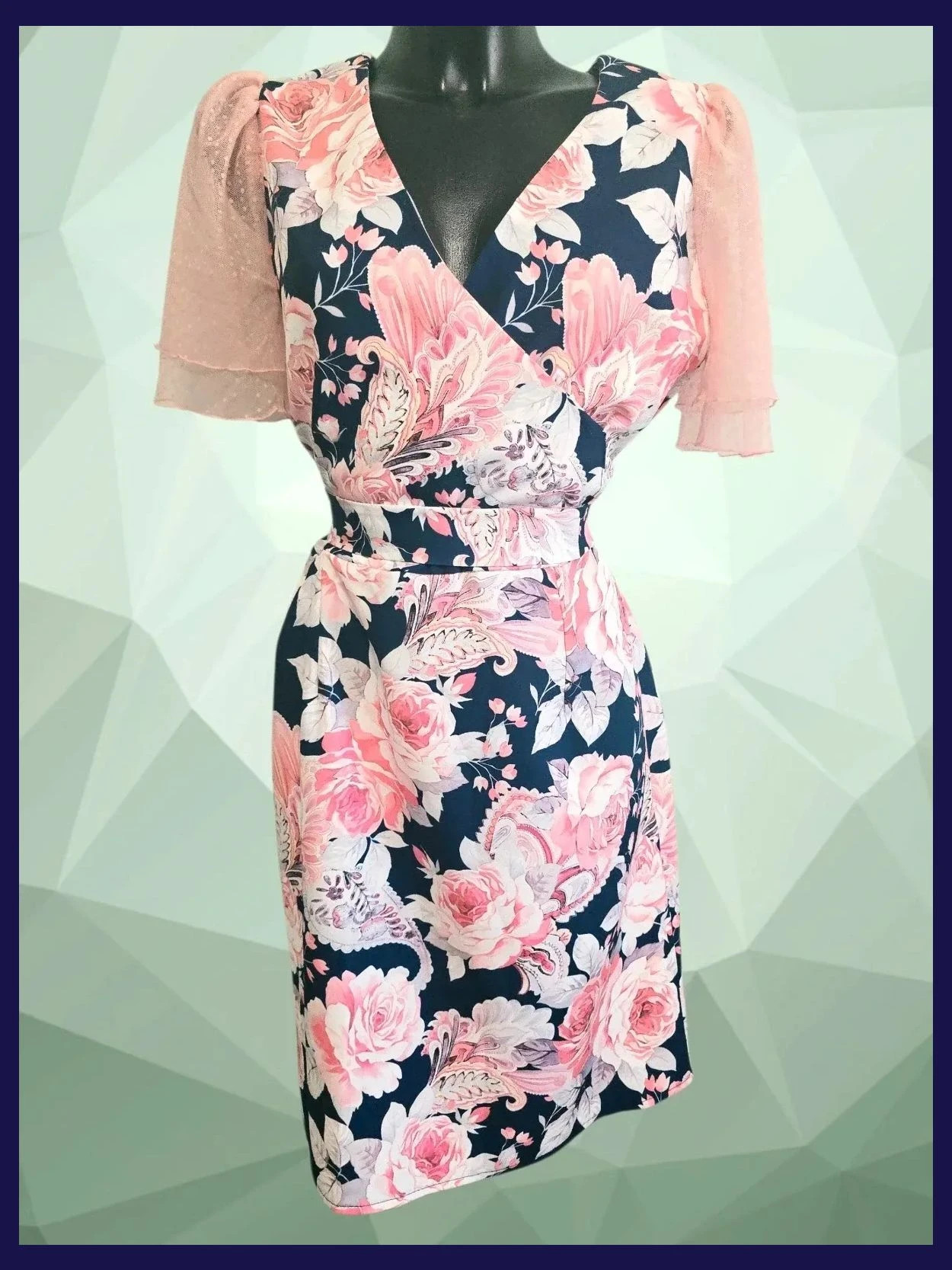 Vintage Floral and Paisley Print Wrap Dress with Mesh Sleeves