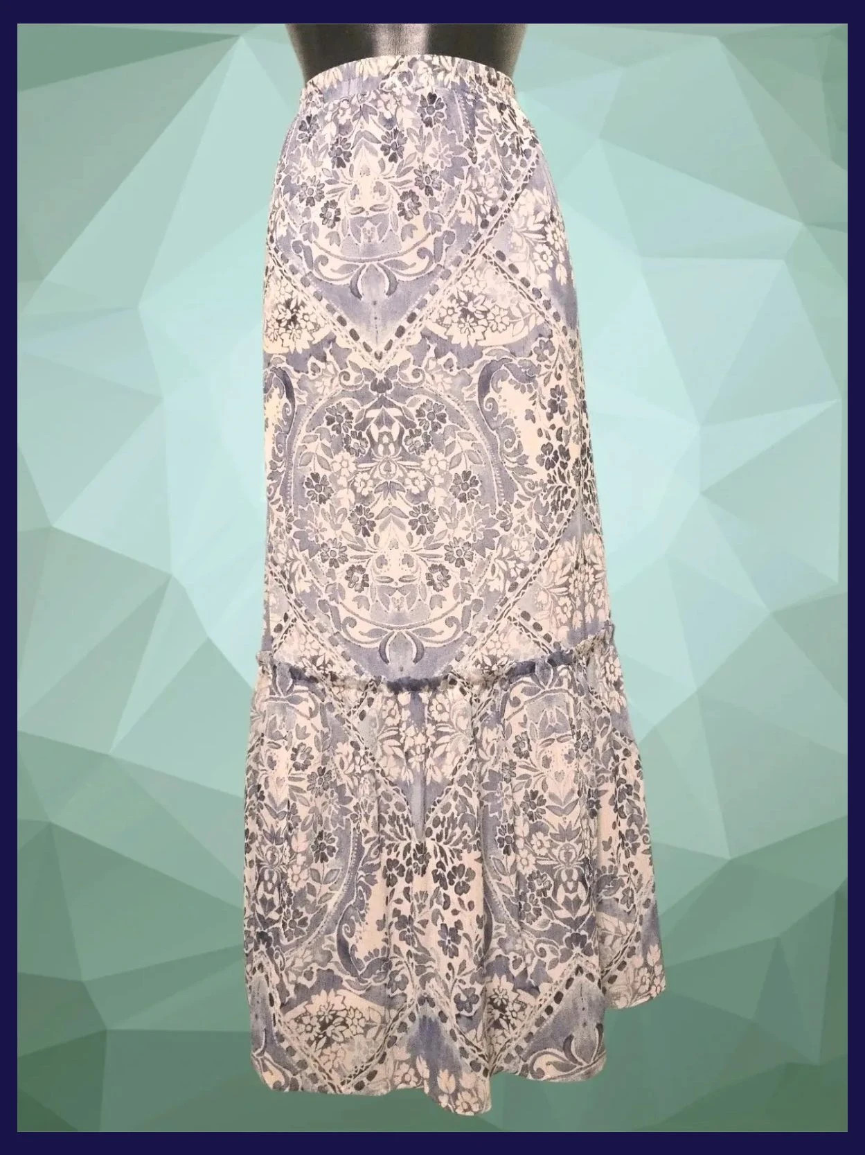 Blue White Paisley Tiered Maxi Skirt