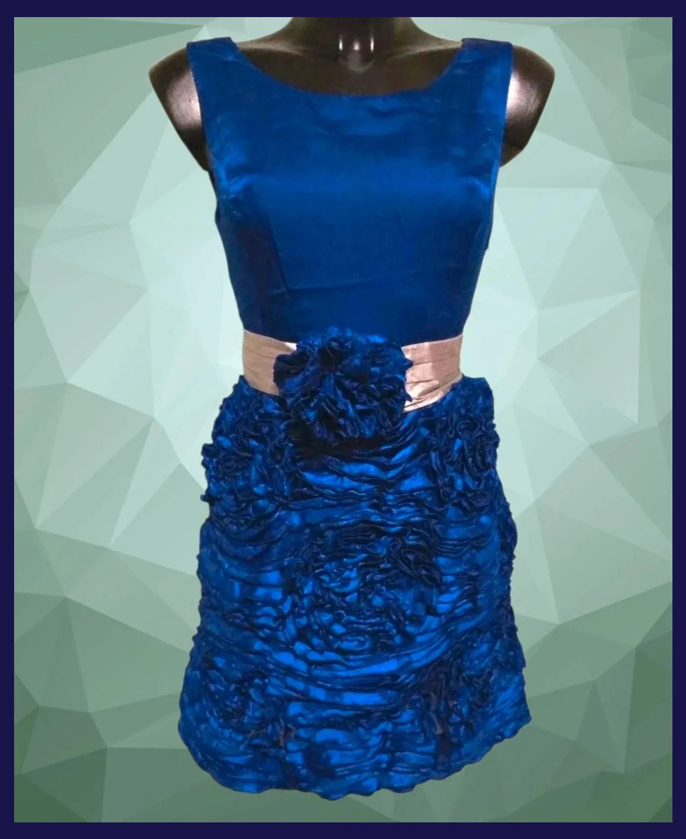Royal Blue Cocktail Dress with Rosette Skirt & Satin Sash – Vintage Dressing – taille M / 38 / 10