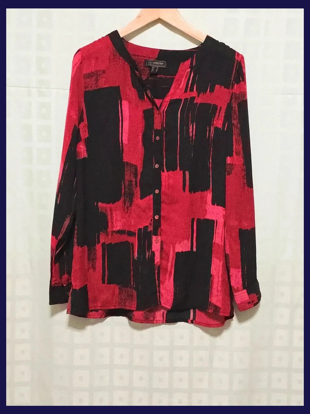 Red Black Abstract Print Button Blouse
