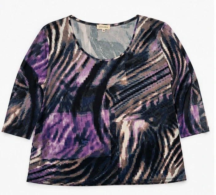 Haut Zendra imprimé abstrait violet noir manches longues – Taille 48