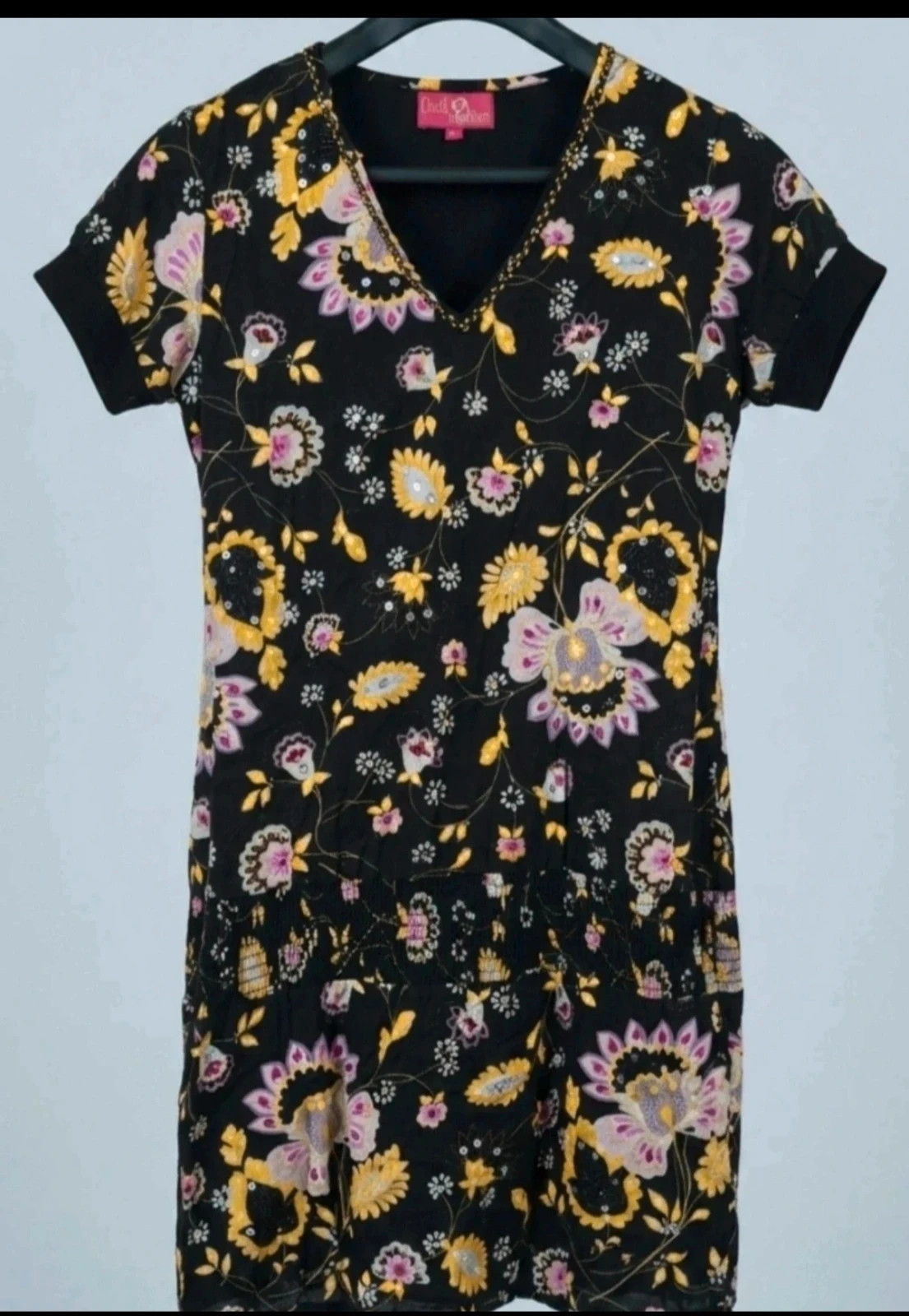 Vestido Chatik & Kertan L Negro Boho Chic Bordado Flores Lentejuelas Ethnic