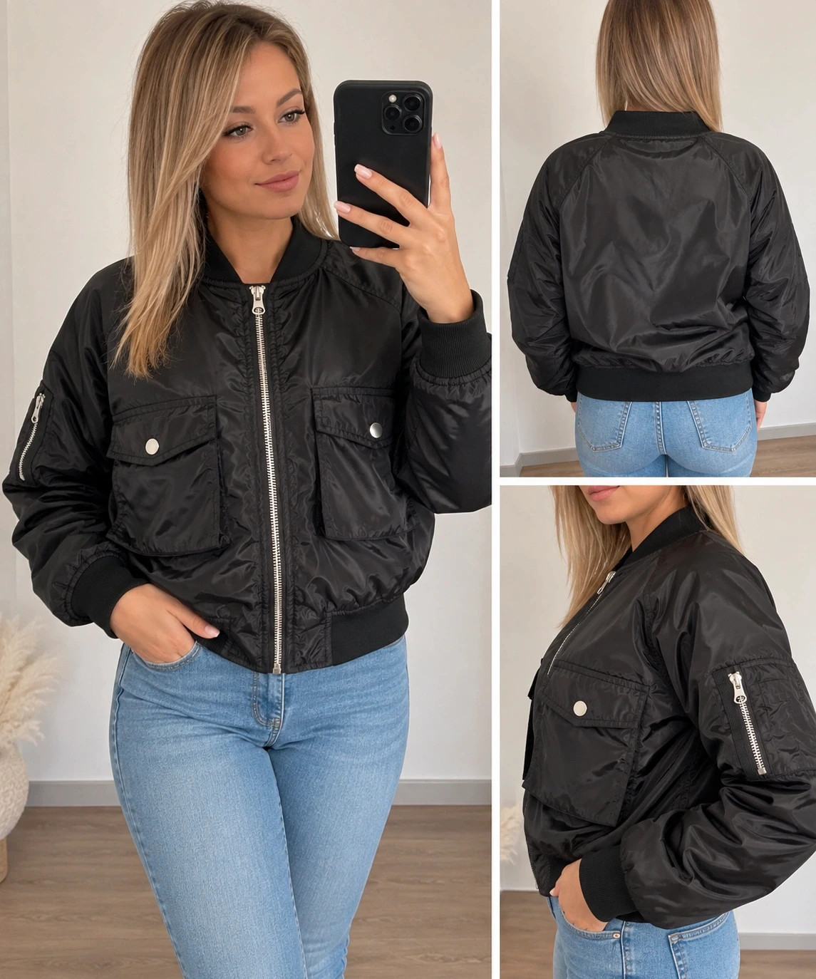Blouson bomber noir brillant femme – Neuf sans étiquette