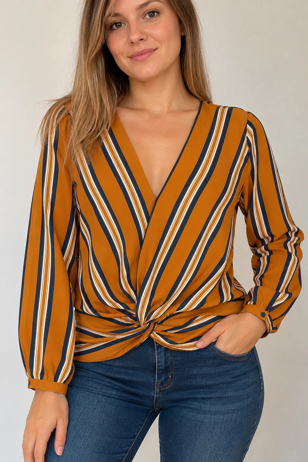 Chemisier Pimkie rayé moutarde, bleu marine et blanc – Taille S