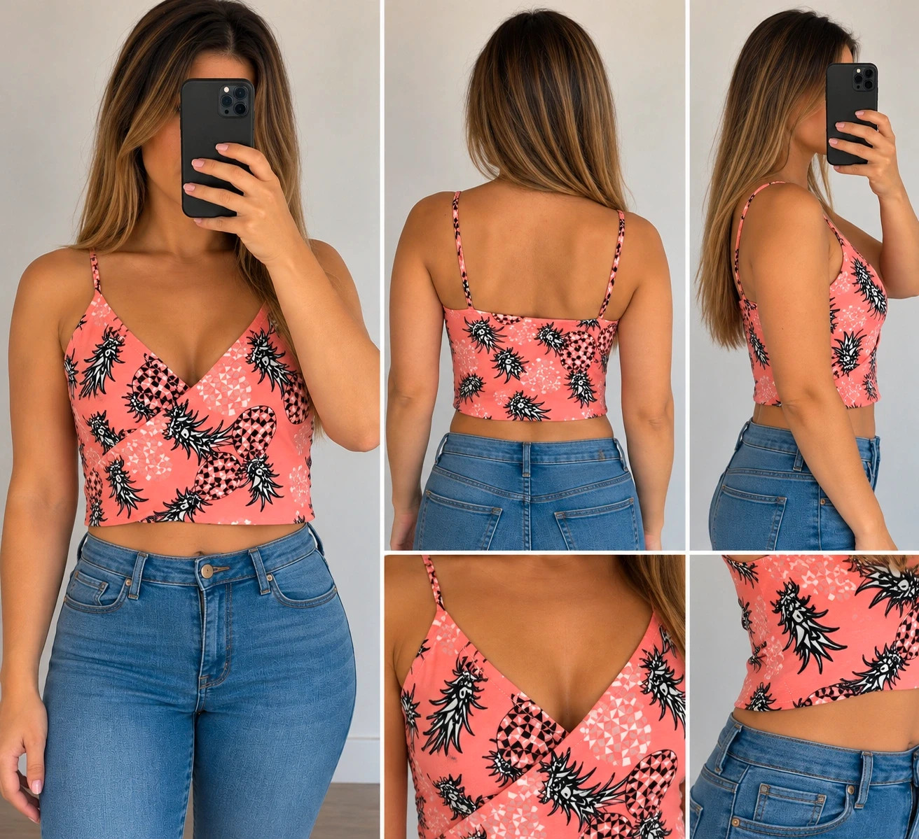 Top court corail à fines bretelles imprimé ananas – Taille XS