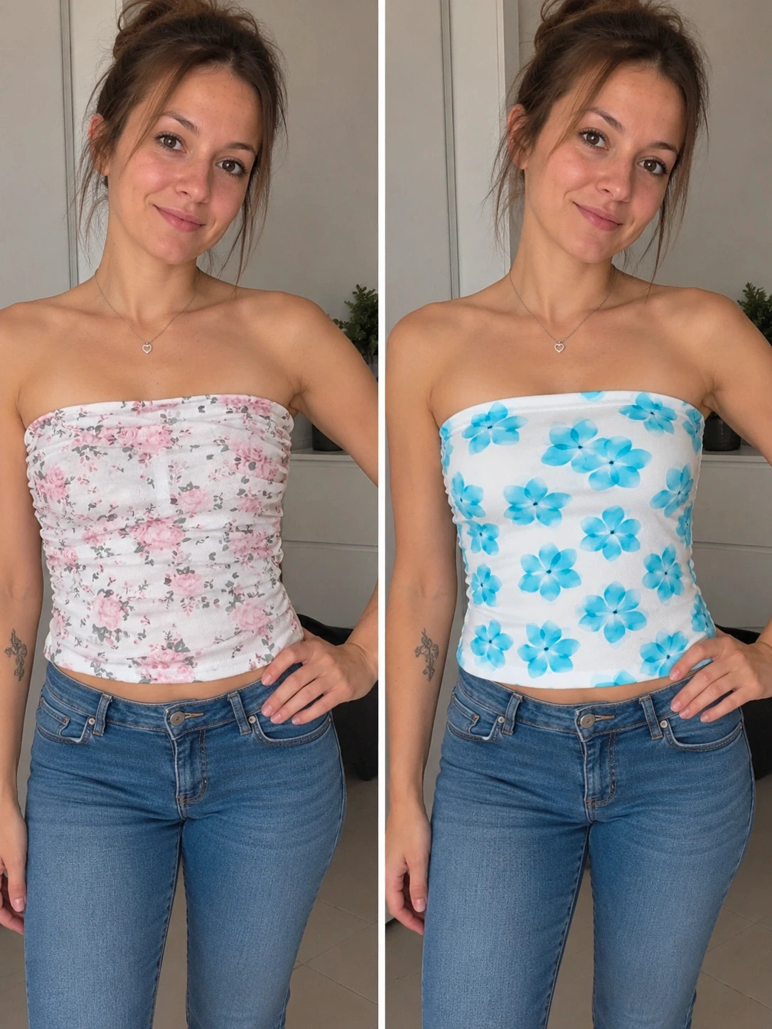 Lot de 2 tops bandeau fleuris neufs sans étiquette – Rose & Bleu 🌸