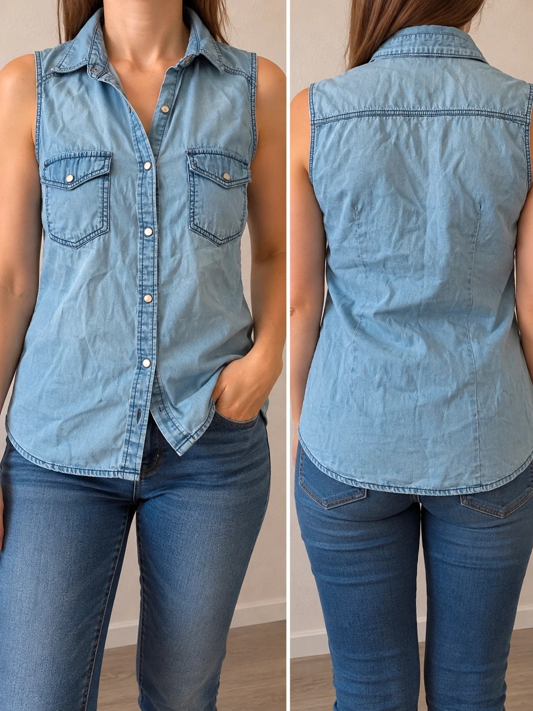 Chemise sans manches en jean bleu clair – Style décontracté