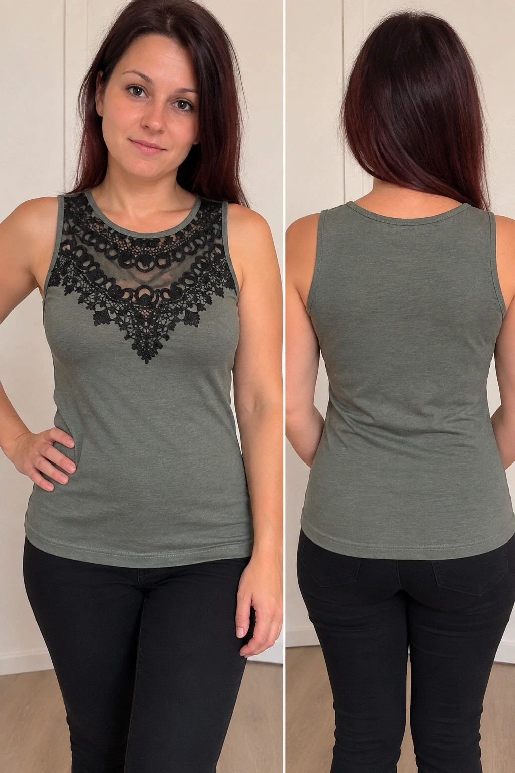 Débardeur femme kaki/gris avec dentelle noire – Élégant et féminin