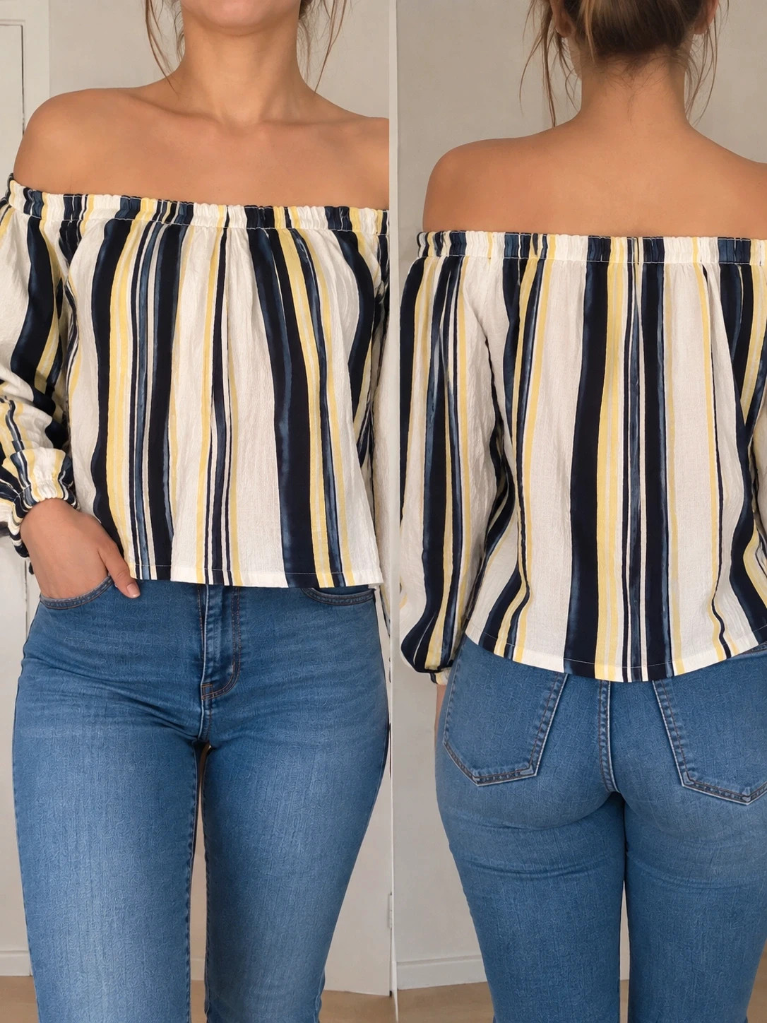 haut femme à épaules dénudées rayé bleu marine jaune et blanc – Bershka M
