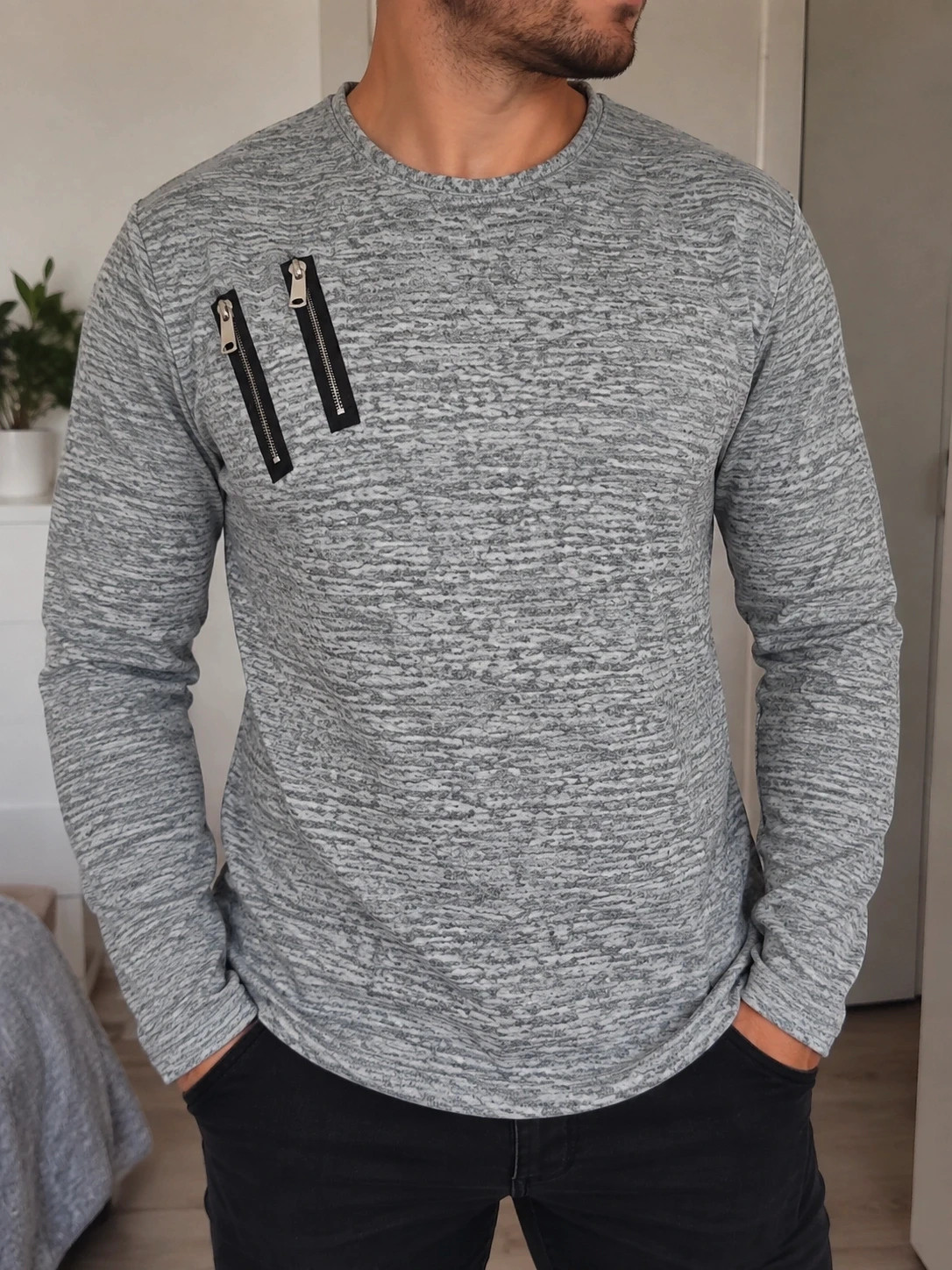Pull homme gris chiné à manches longues – 2 zips poitrine