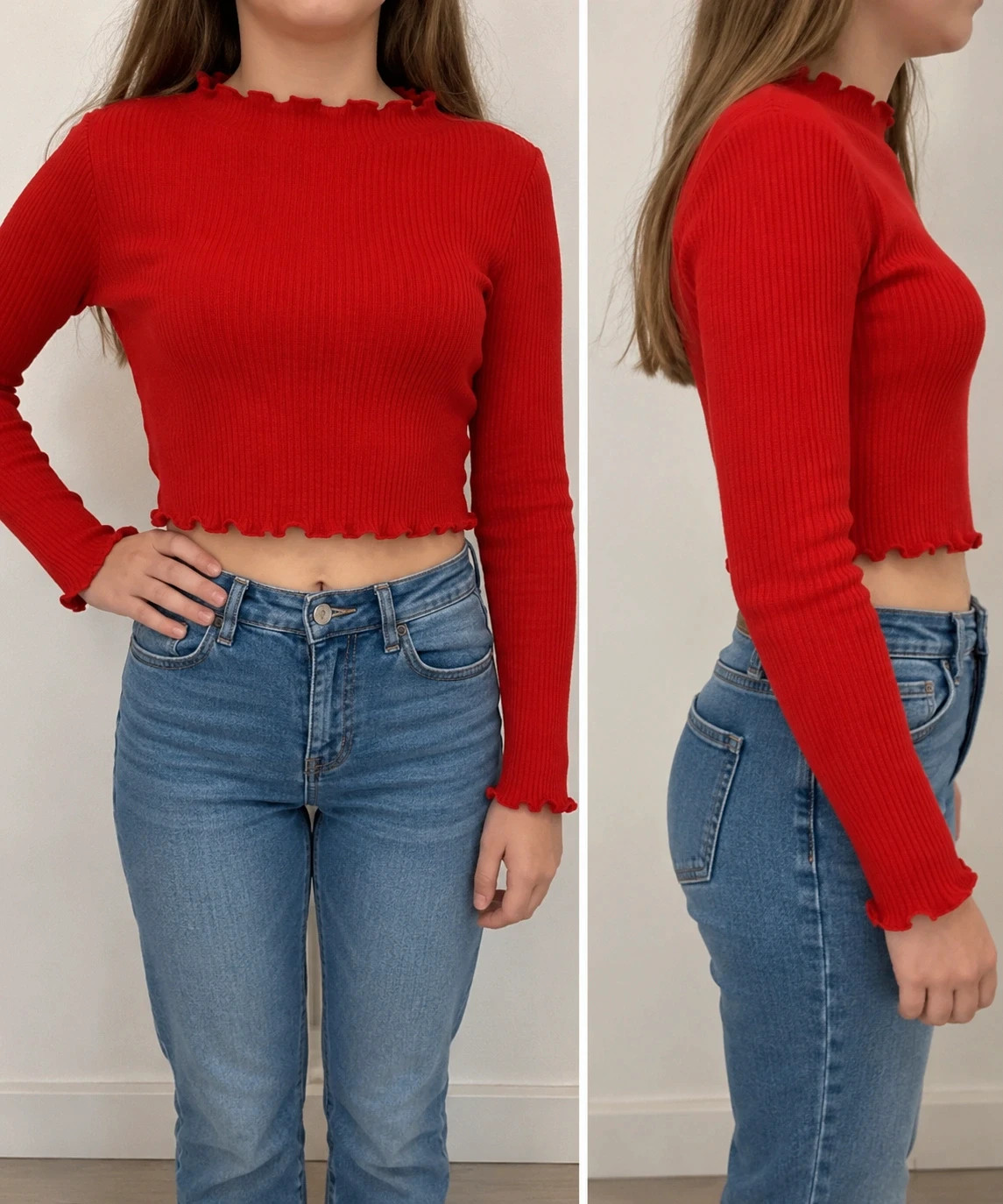 Pull court rouge côtelé à volants – SHEIN – Taille M enfant