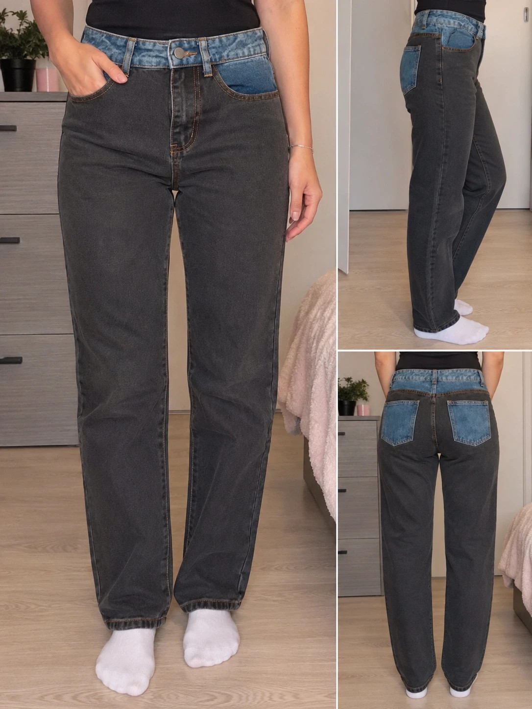 Jean femme noir/gris avec détails denim bleu – coupe droite