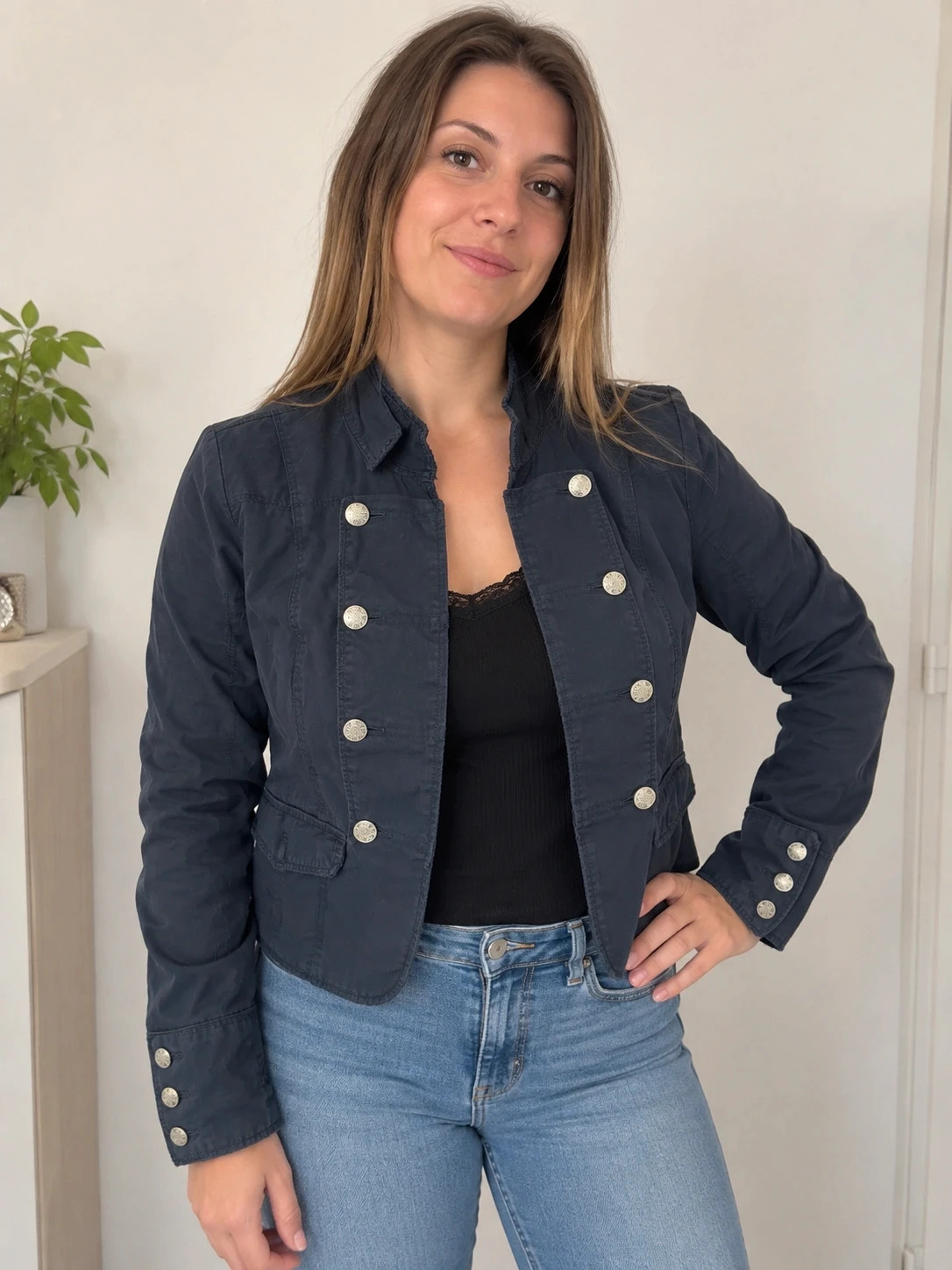 Veste femme bleu marine style militaire – Taille M – boutons argentés