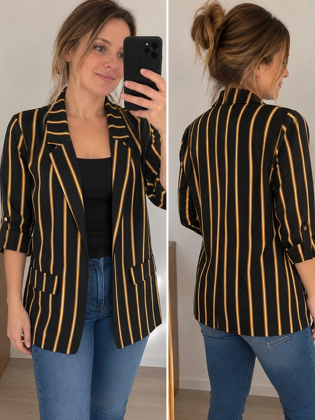 Blazer Pimkie Collection M estimé – Noir rayé jaune/moutarde – Élégant