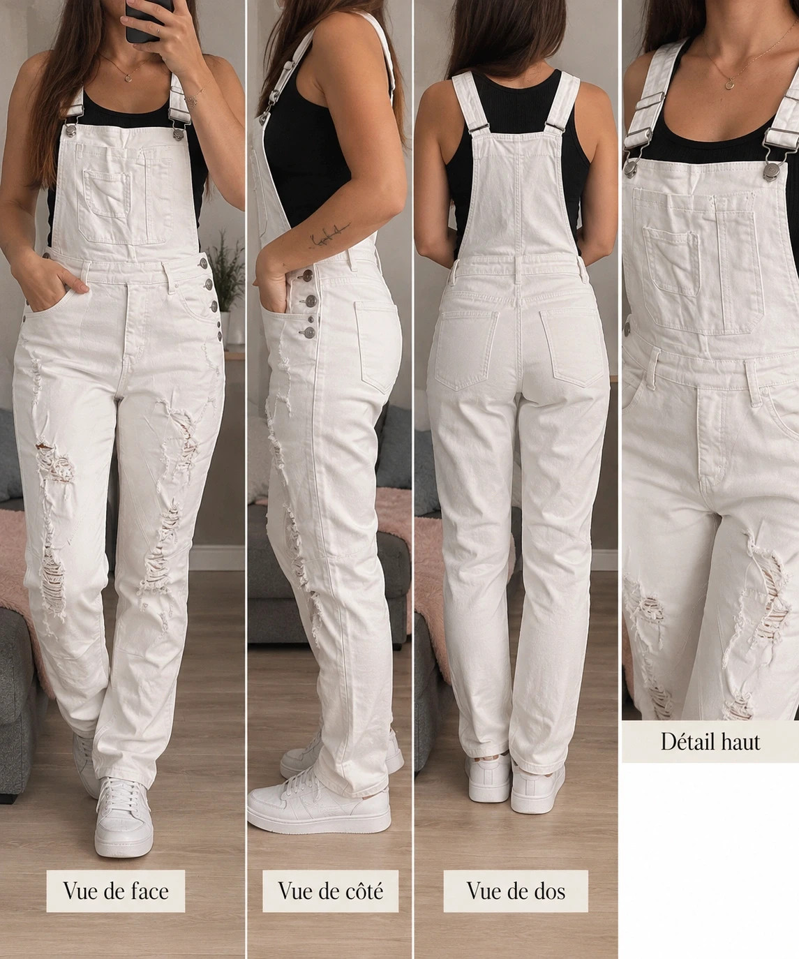 Salopette blanche en jean effet déchiré – Femme