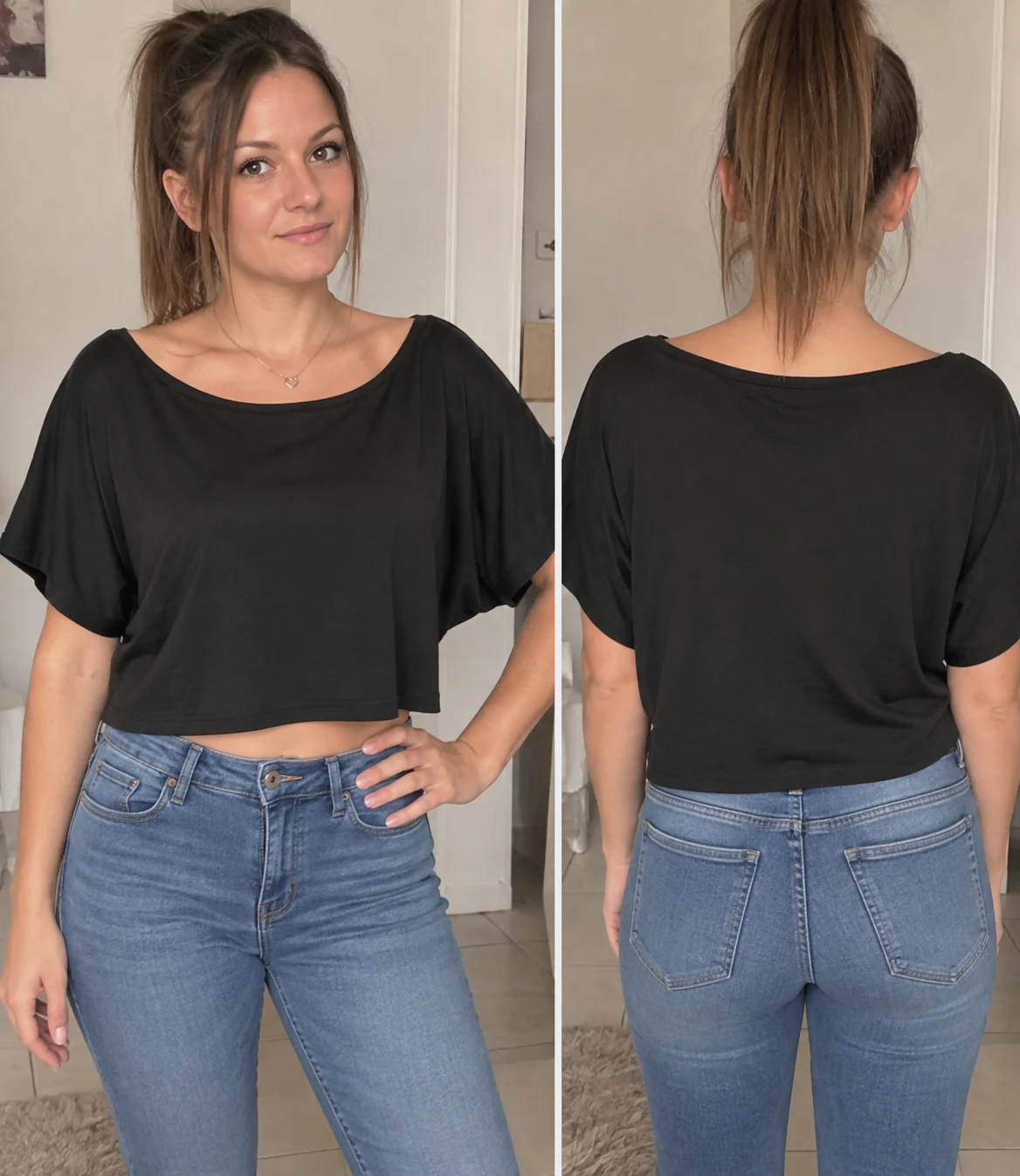 Crop top noir manches chauve-souris