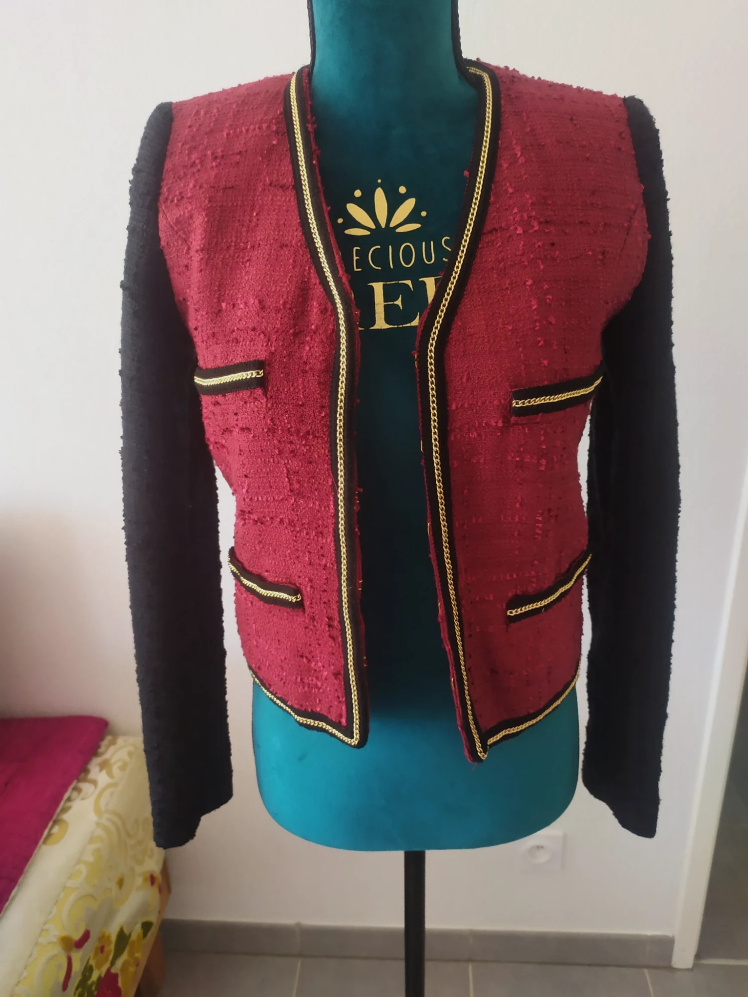 Veste chic style tweed bordeaux et noire Mango - Taille S - Neuve