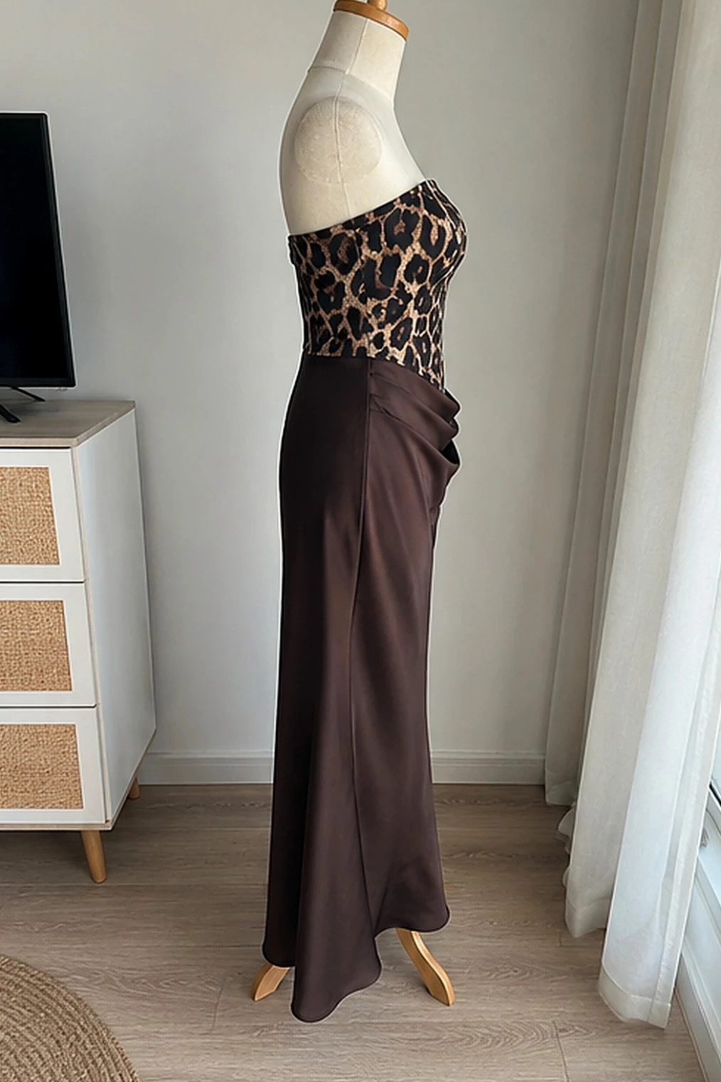 Robe longue bustier satin cafe motif leopard S – Manufacture Sarlat – taille S / 36 / 8 3