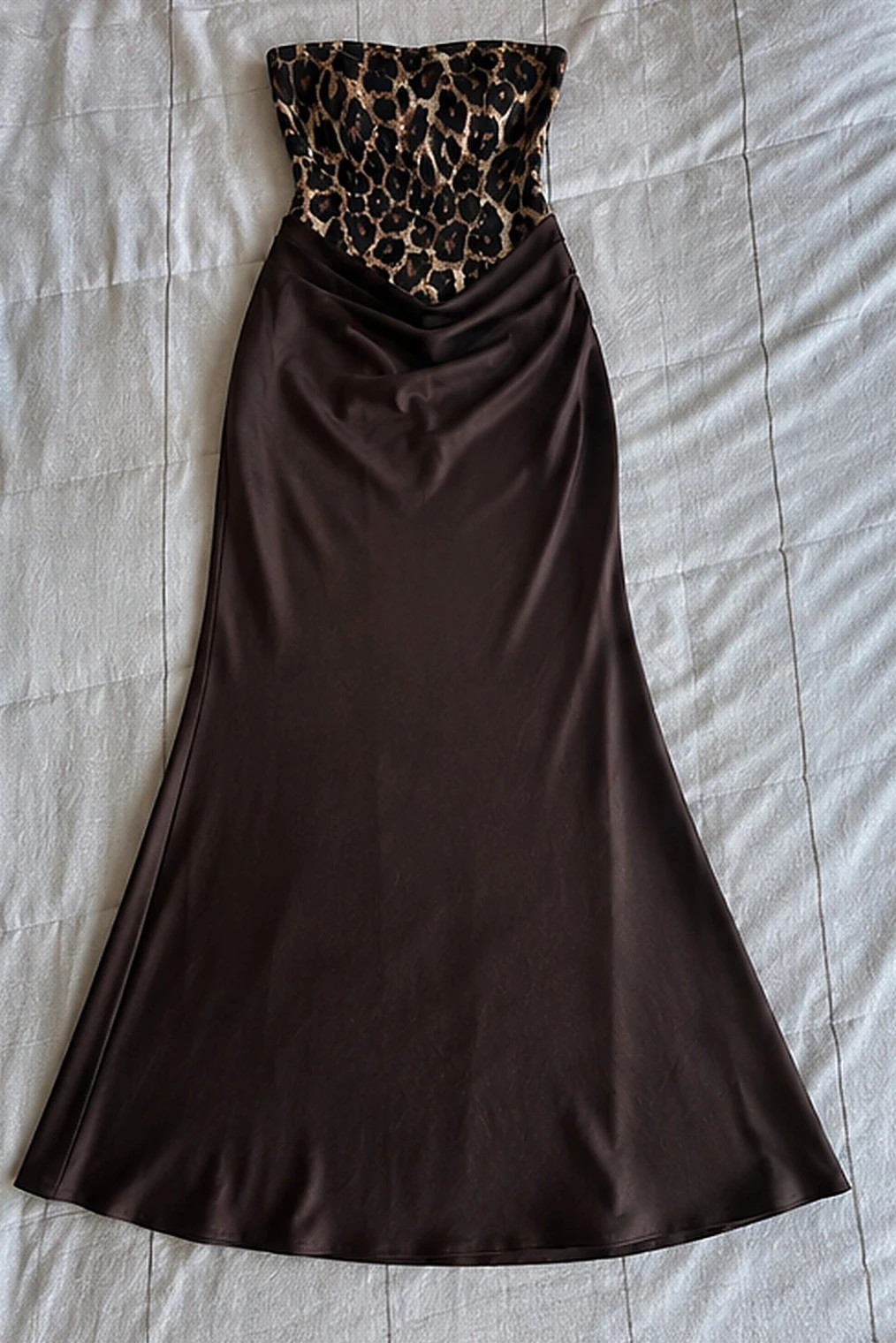Robe longue bustier satin cafe motif leopard S – Manufacture Sarlat – taille S / 36 / 8 4