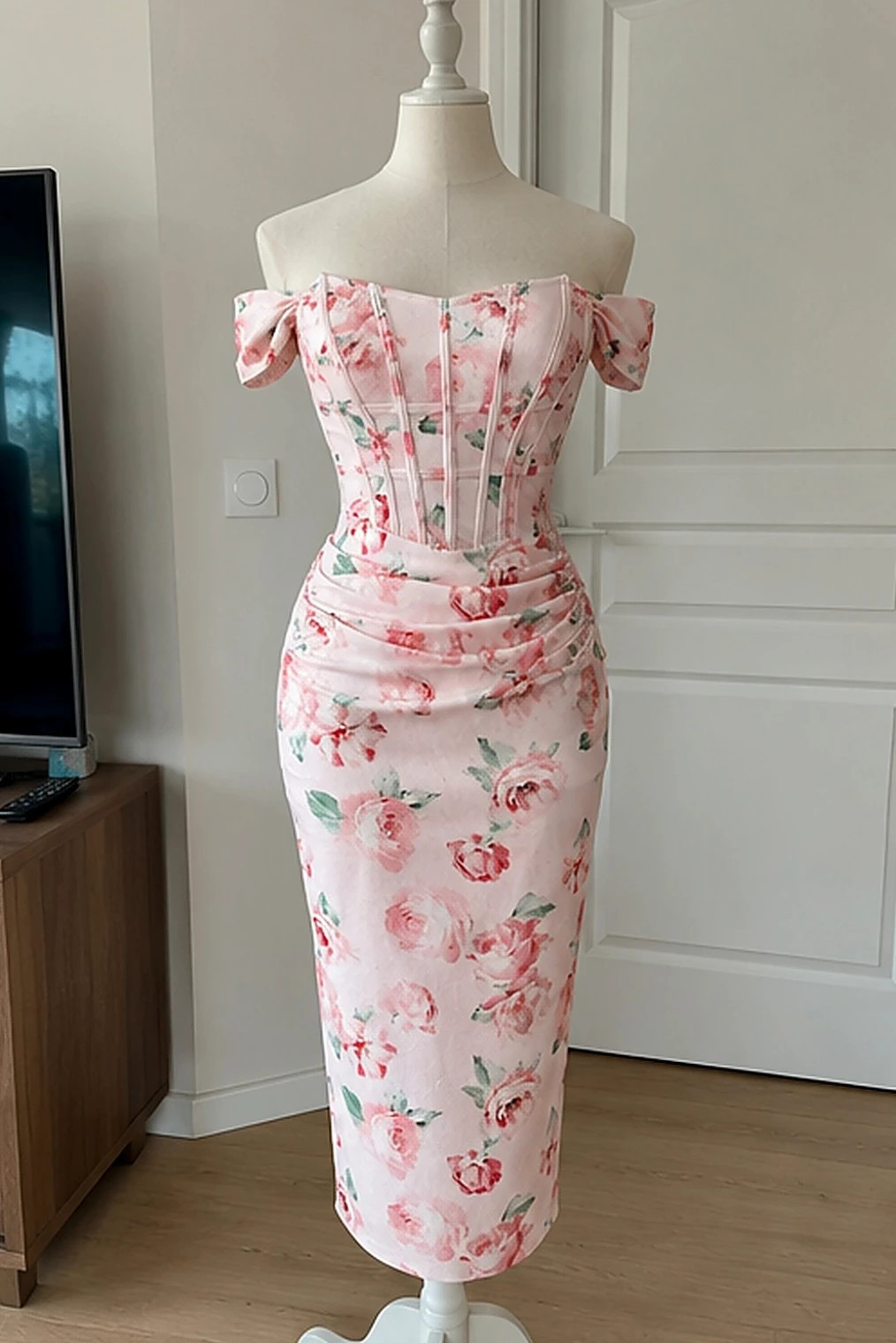 Robe midi corset rose bonbon fleurs epaules nues XL – Manufacture Ribeauvillé – taille XL / 42 / 14