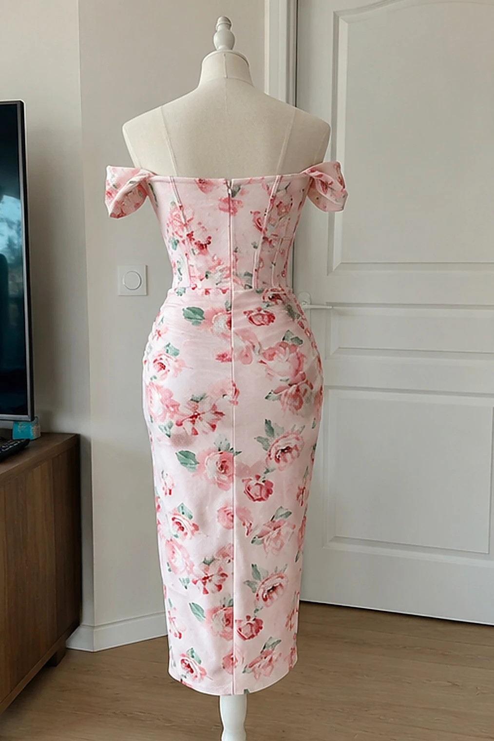 Robe midi corset rose bonbon fleurs epaules nues XL – Manufacture Ribeauvillé – taille XL / 42 / 14 2