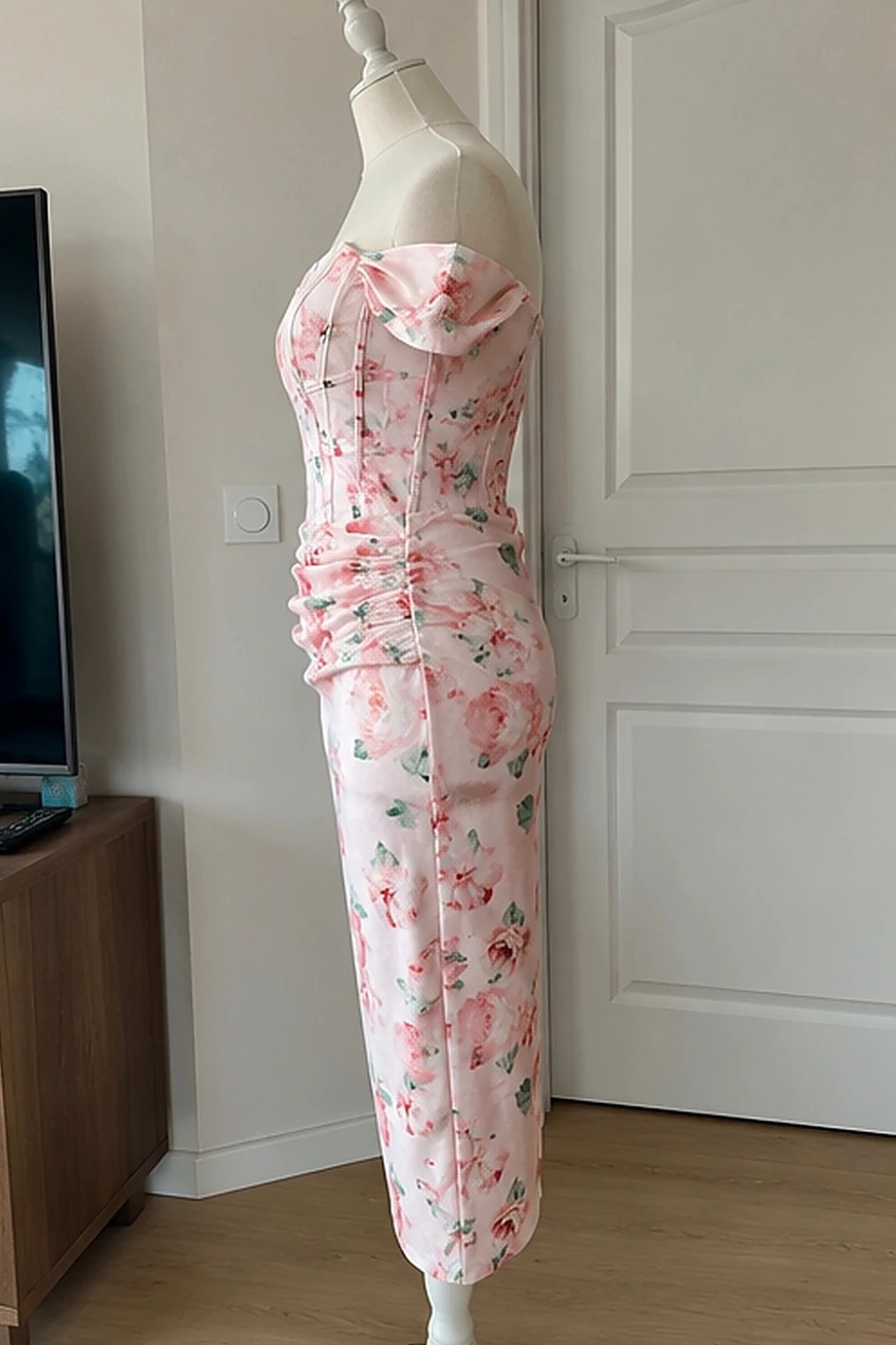 Robe midi corset rose bonbon fleurs epaules nues XL – Manufacture Ribeauvillé – taille XL / 42 / 14 3
