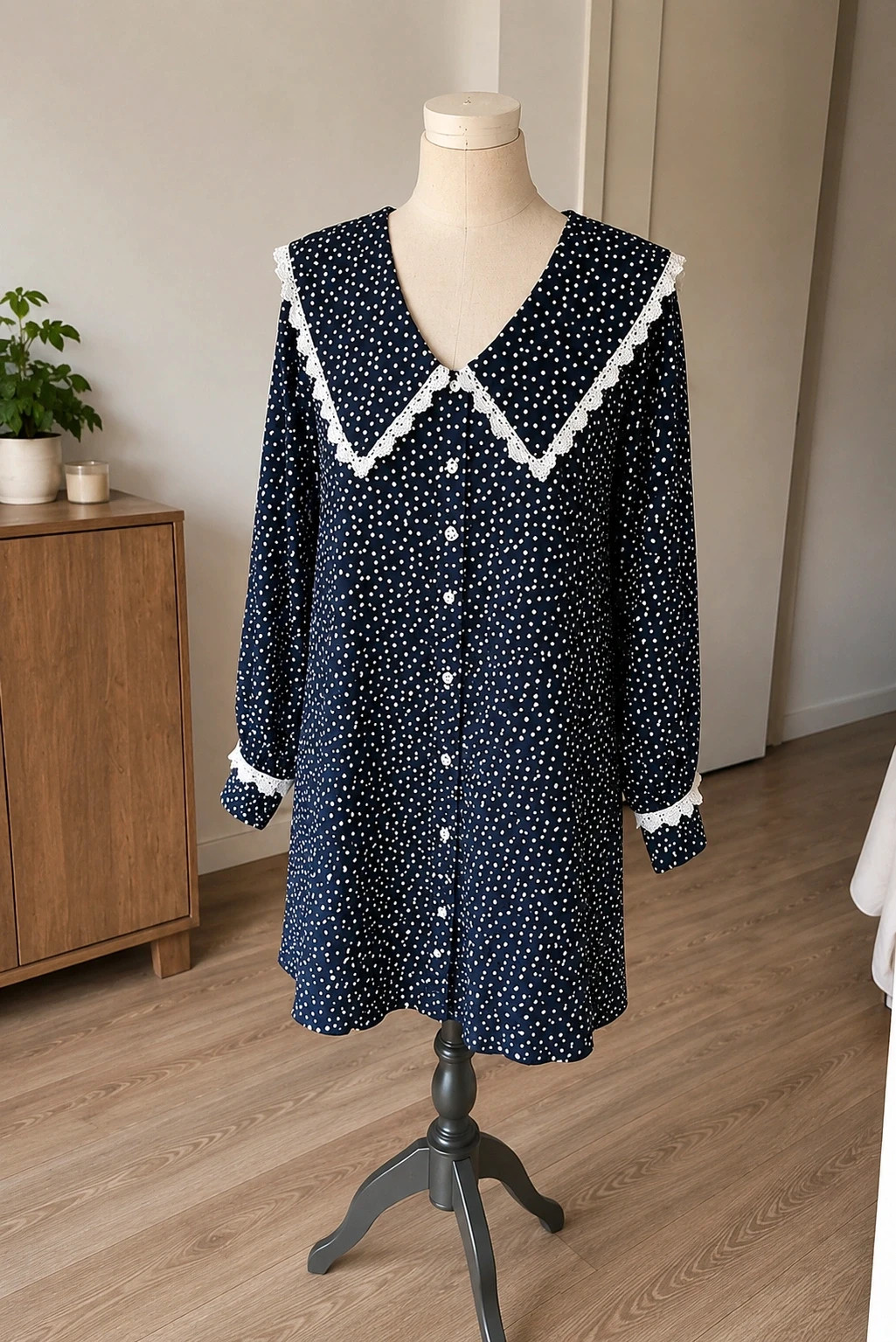 Robe midi laura Ashley cottage vintage marine à pois dentelle col