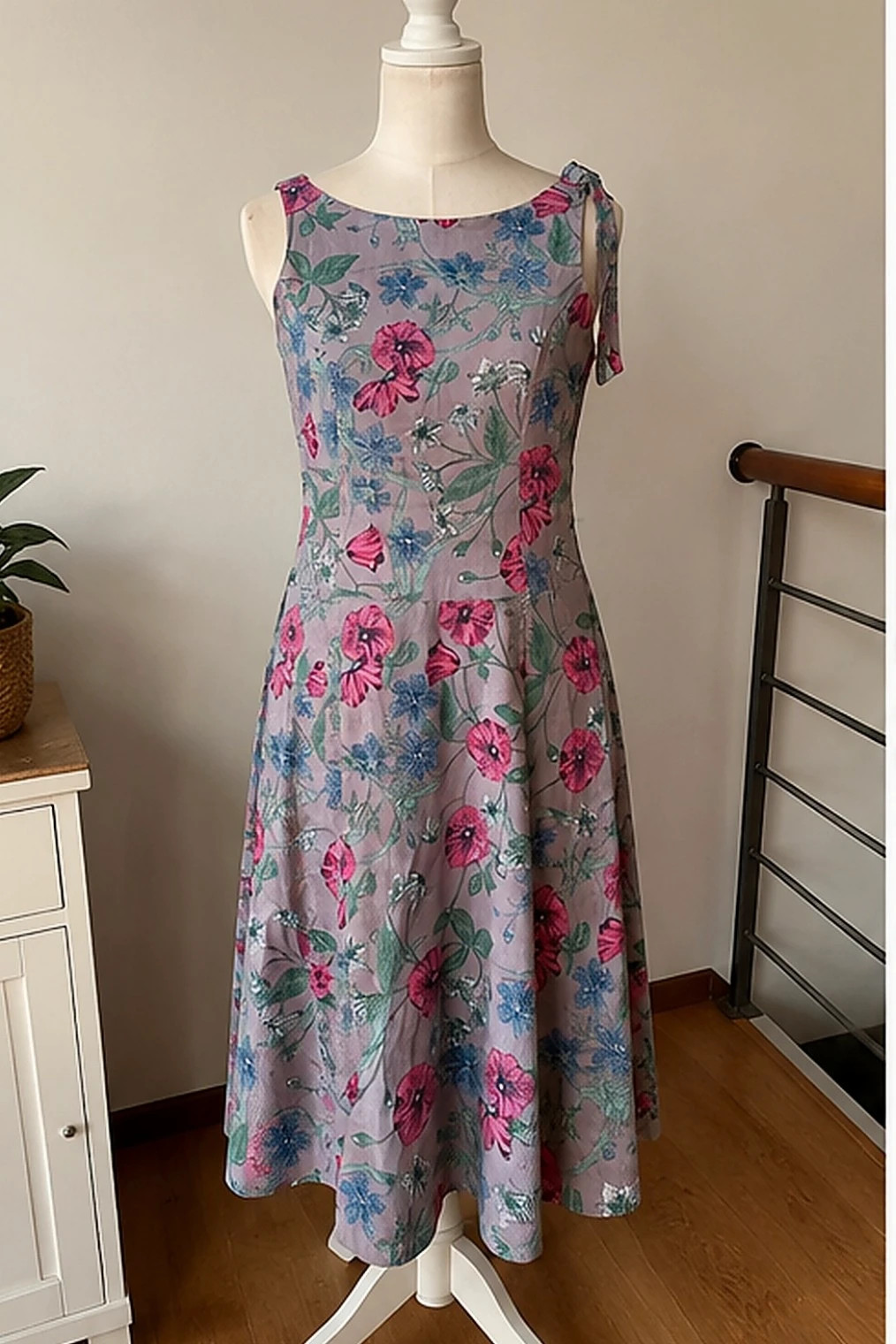 Robe midi fleurie multicolore bretelles a nouer vintage