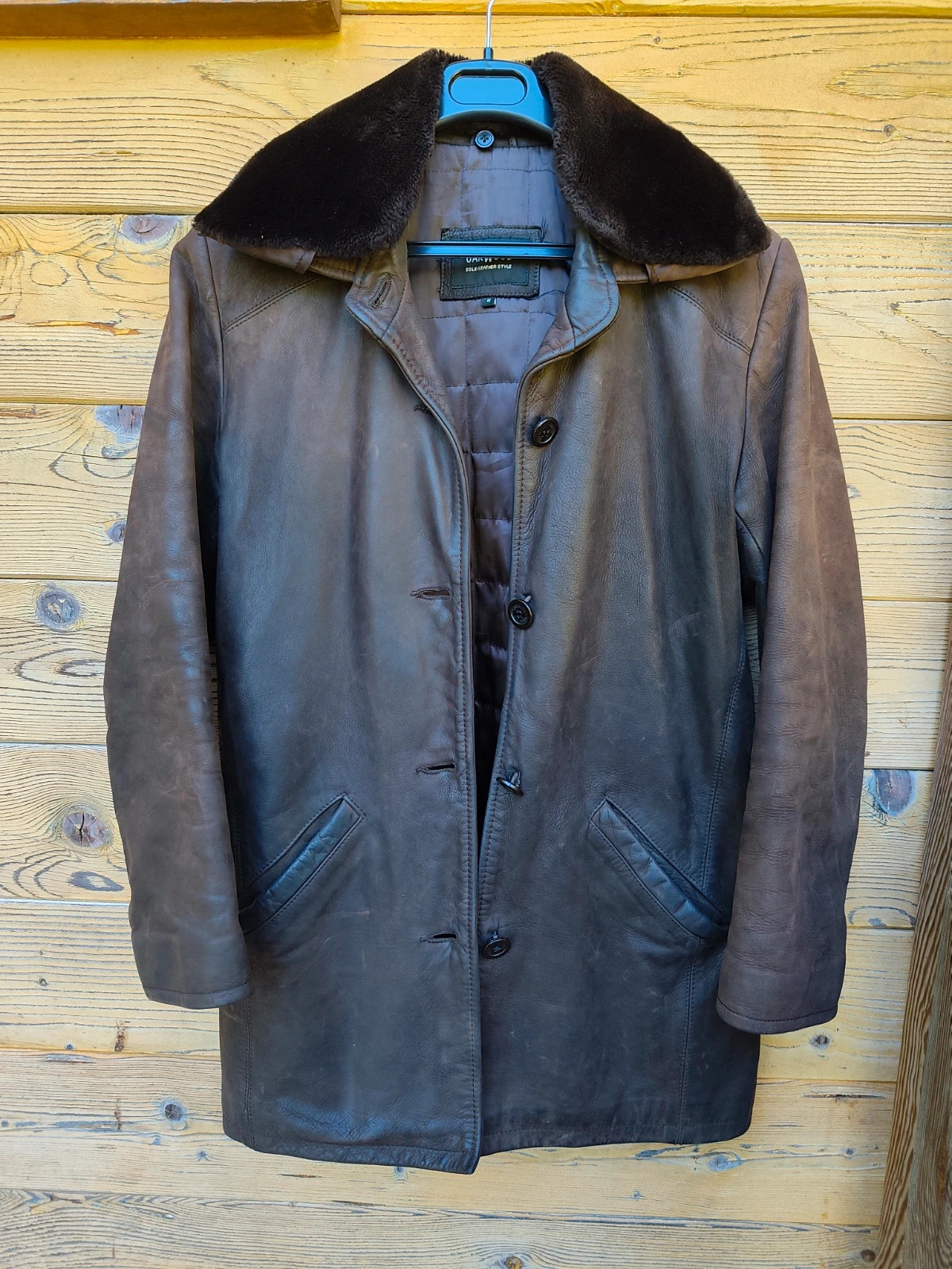 Manteau en cuir marron avec col fourrure amovible Oakwood vintage 80's