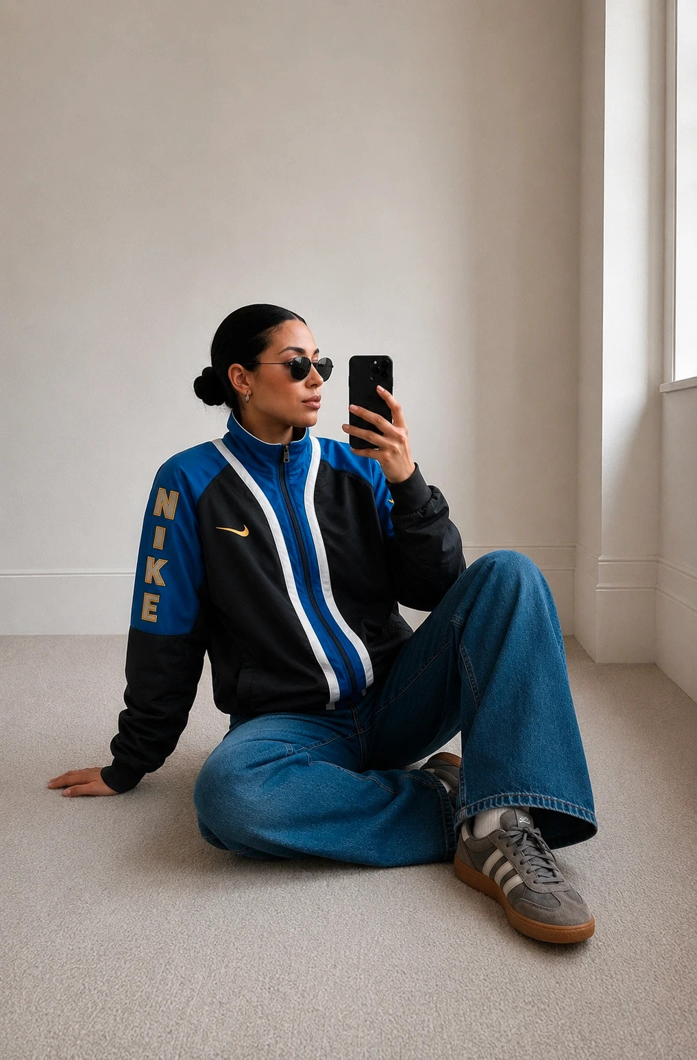 Veste Nike vintage noir et bleu y2k gros logo sur la manche swoosh 90 – Nike – taille XL