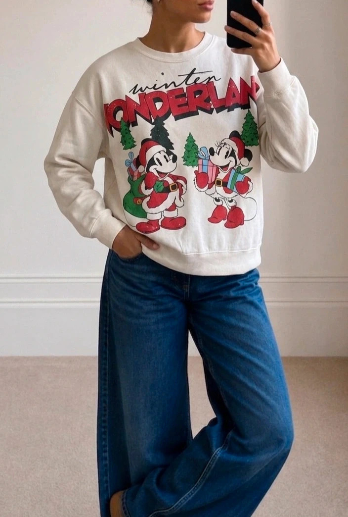 Sweat Disney officiel vintage Minnie et Mickey version Noël, blanc rouge cartoon année 90